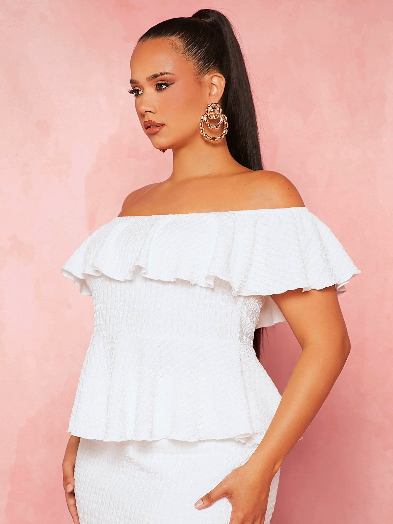 Plus Off Shoulder Ruffle Trim Shirred Peplum Tee