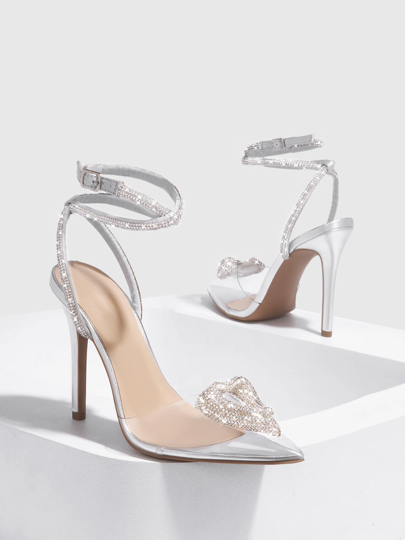 Rhinestone Decor Point Toe Stiletto Heeled Ankle Strap Pumps