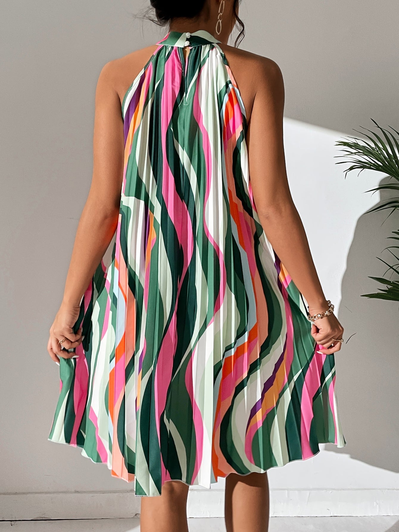 All Over Print Pleated Halter Dress