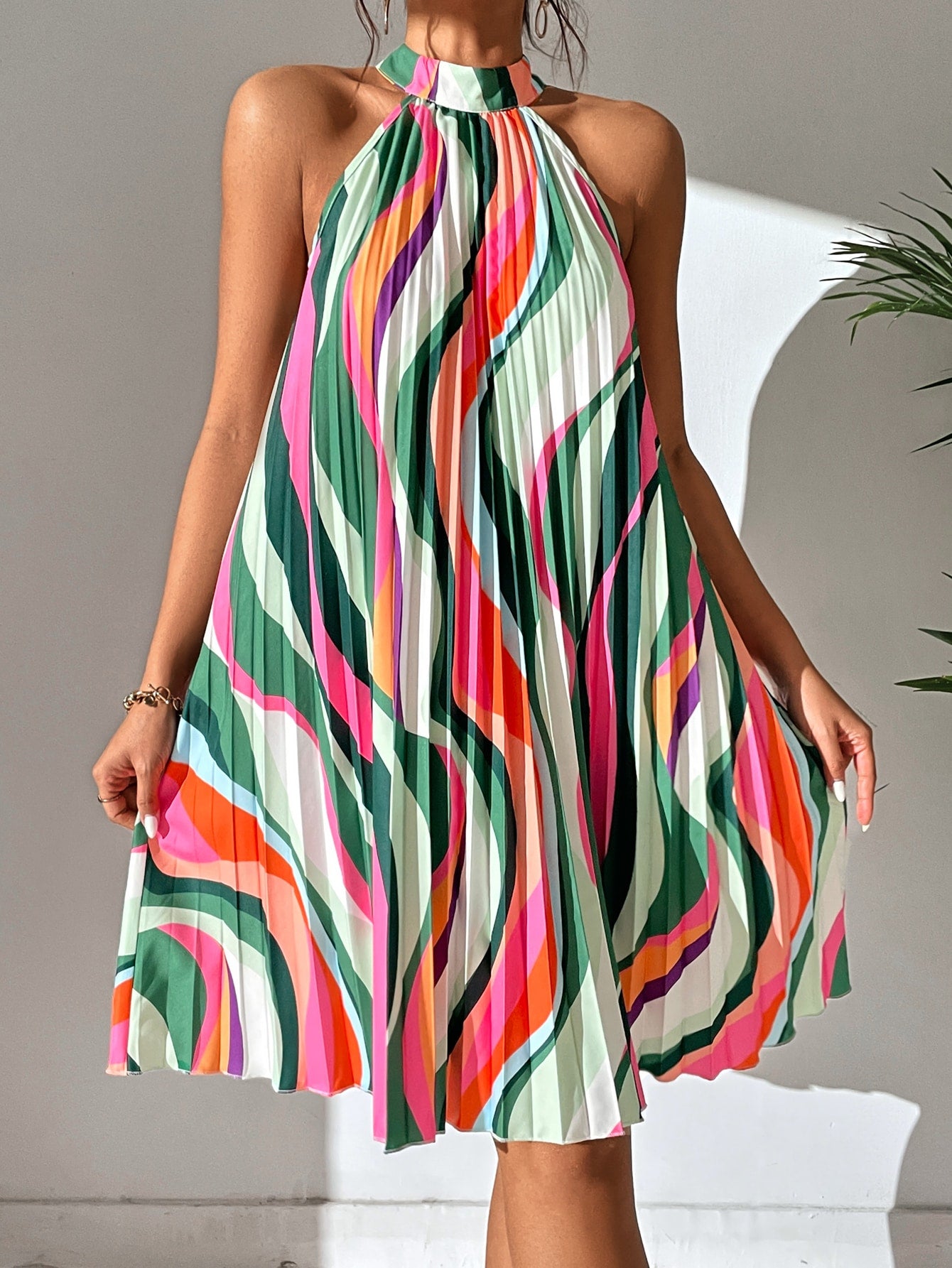 All Over Print Pleated Halter Dress