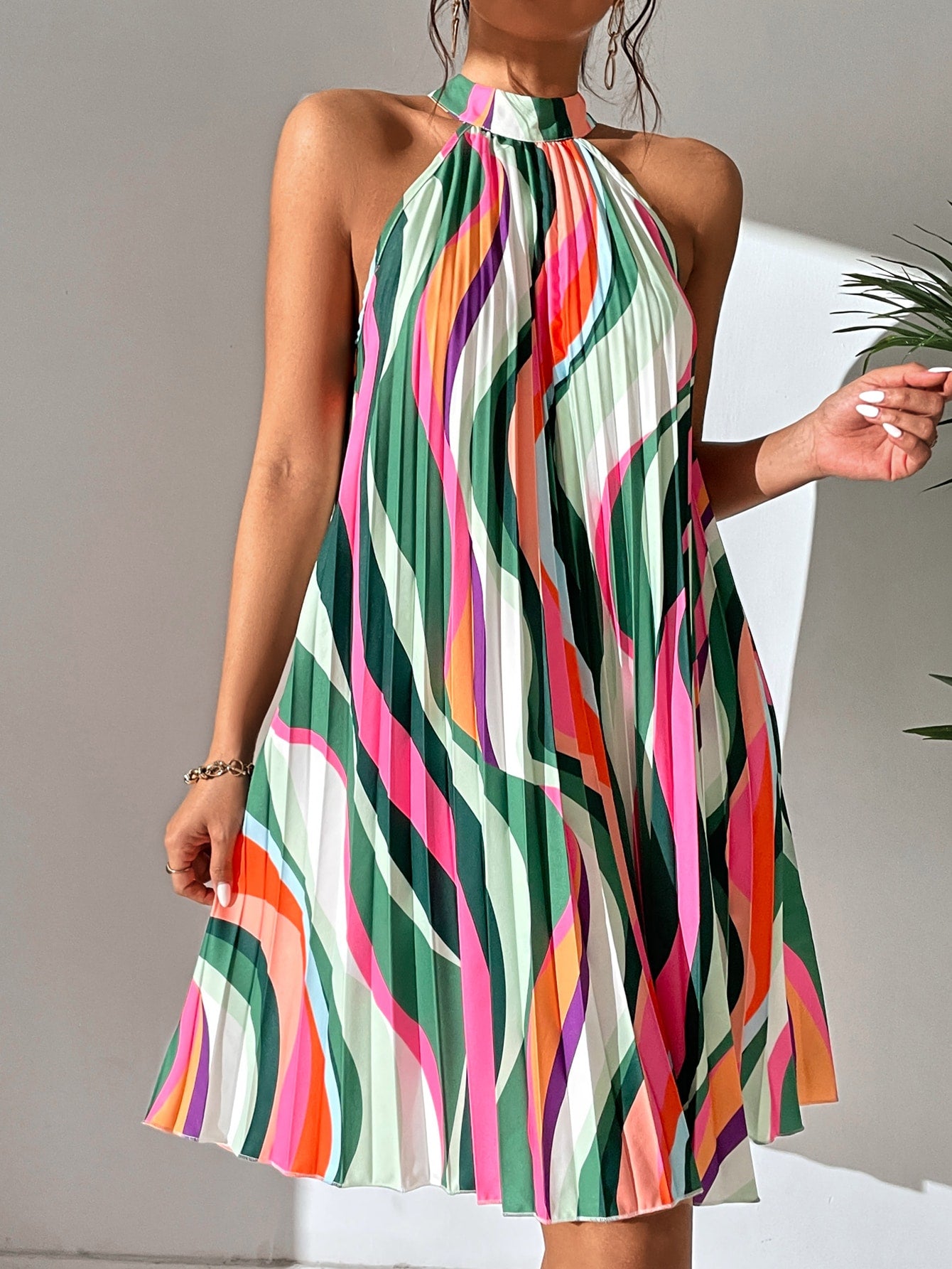 All Over Print Pleated Halter Dress