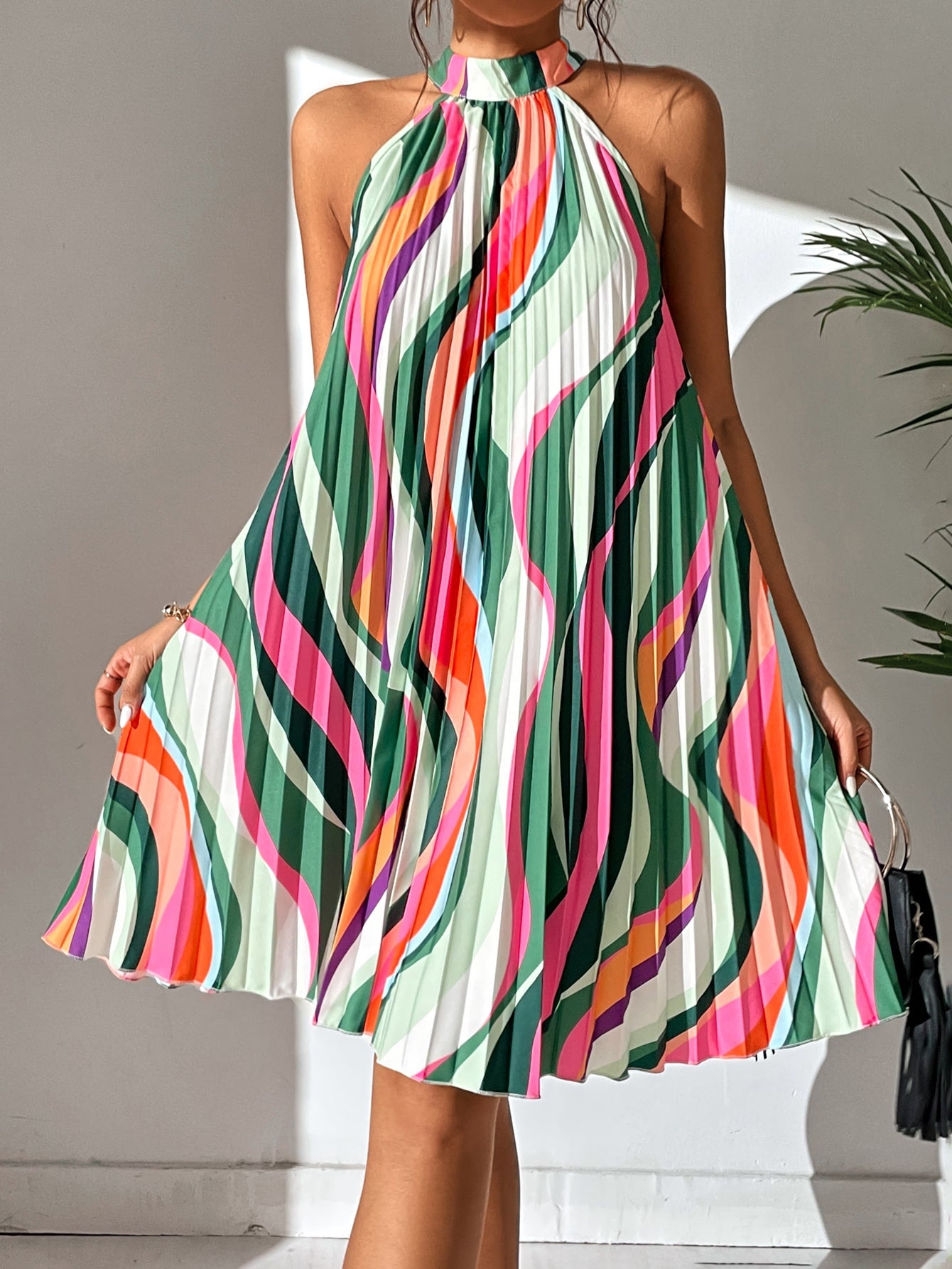 All Over Print Pleated Halter Dress