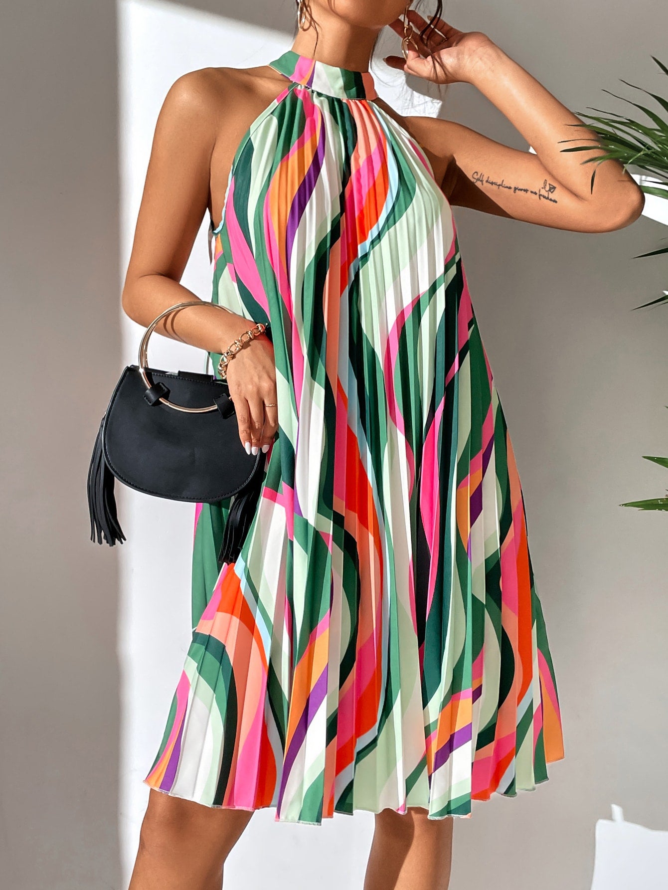 All Over Print Pleated Halter Dress