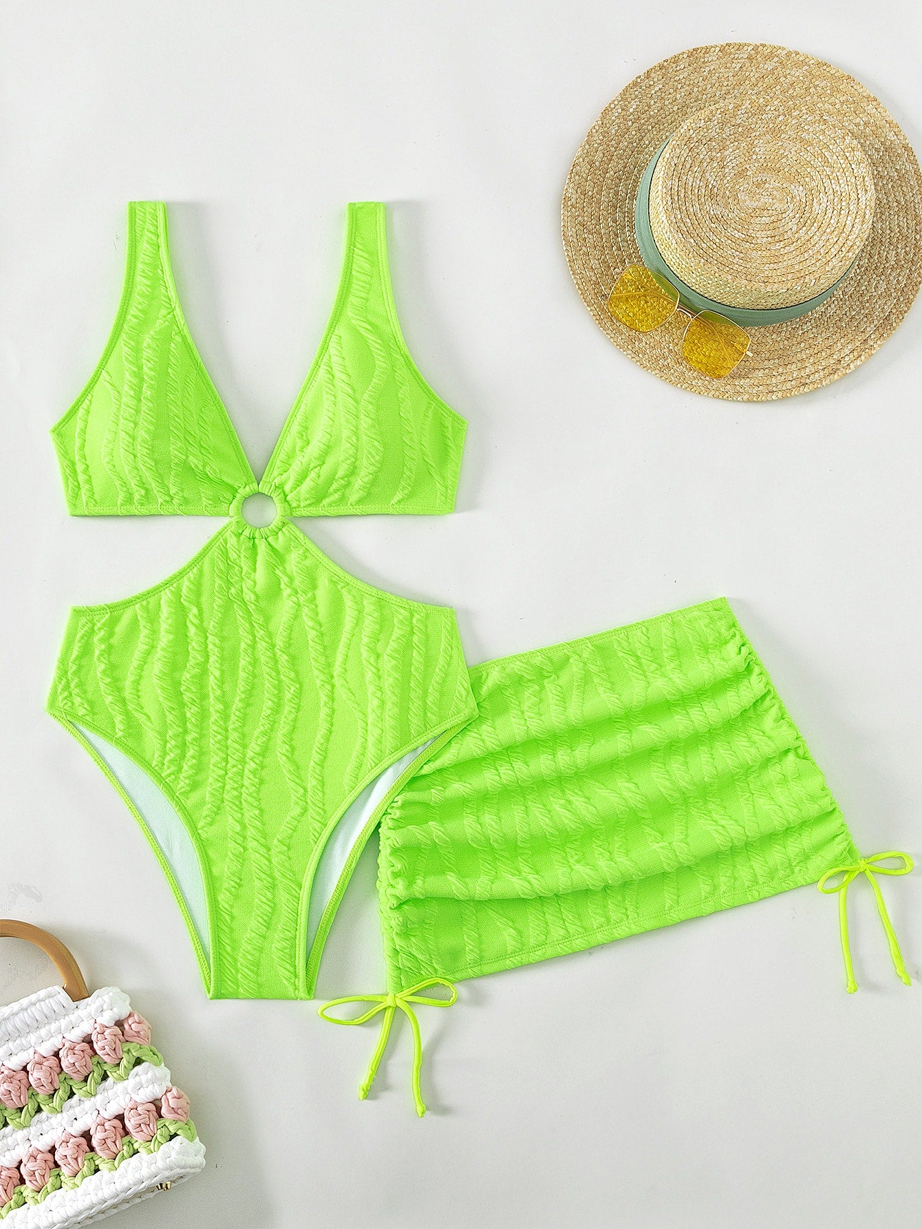 Plain Ring Linked One Piece Swimsuit With Beach Skirt