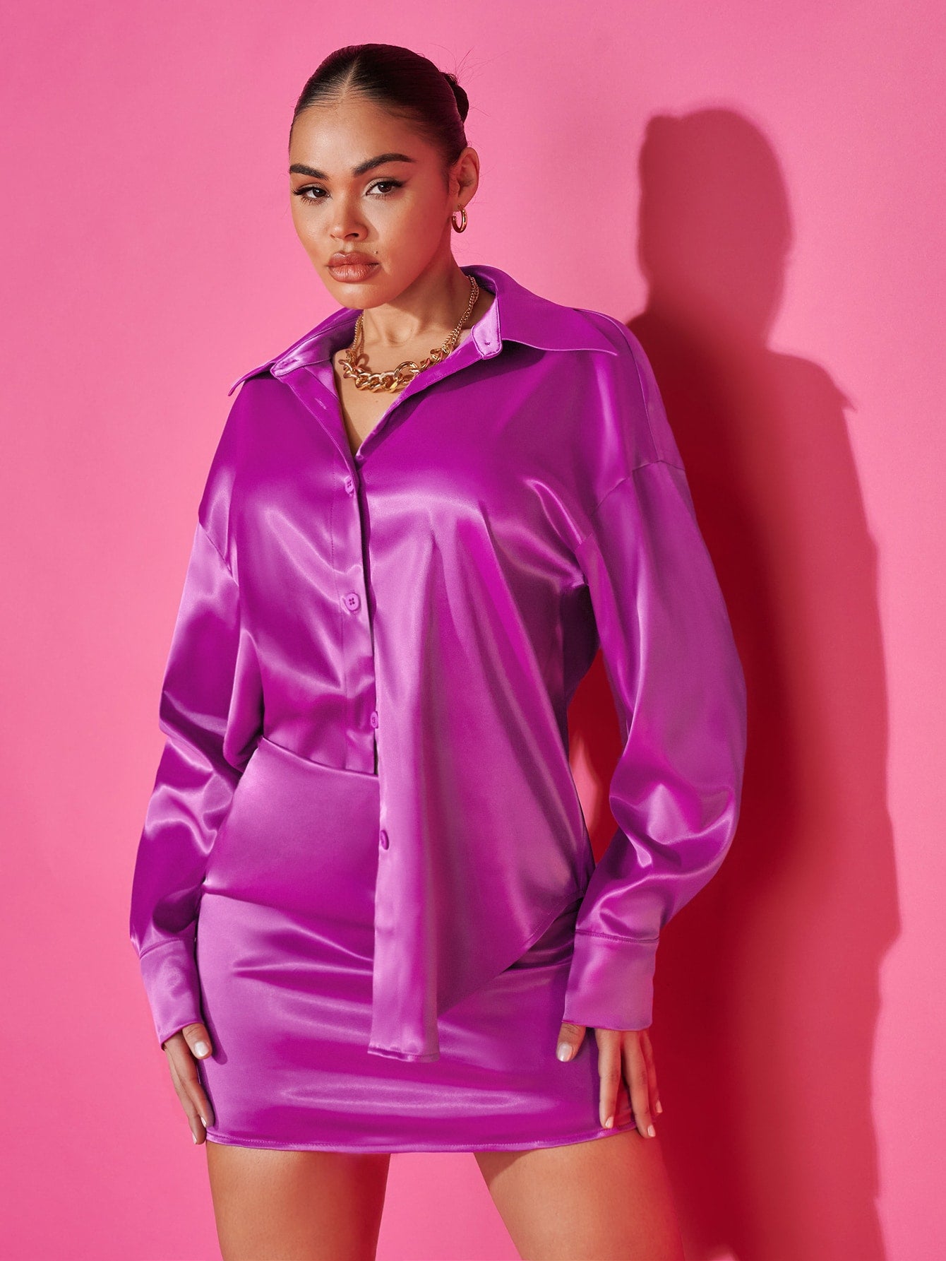 Drop Shoulder Satin Shirt Bodycon Skirt