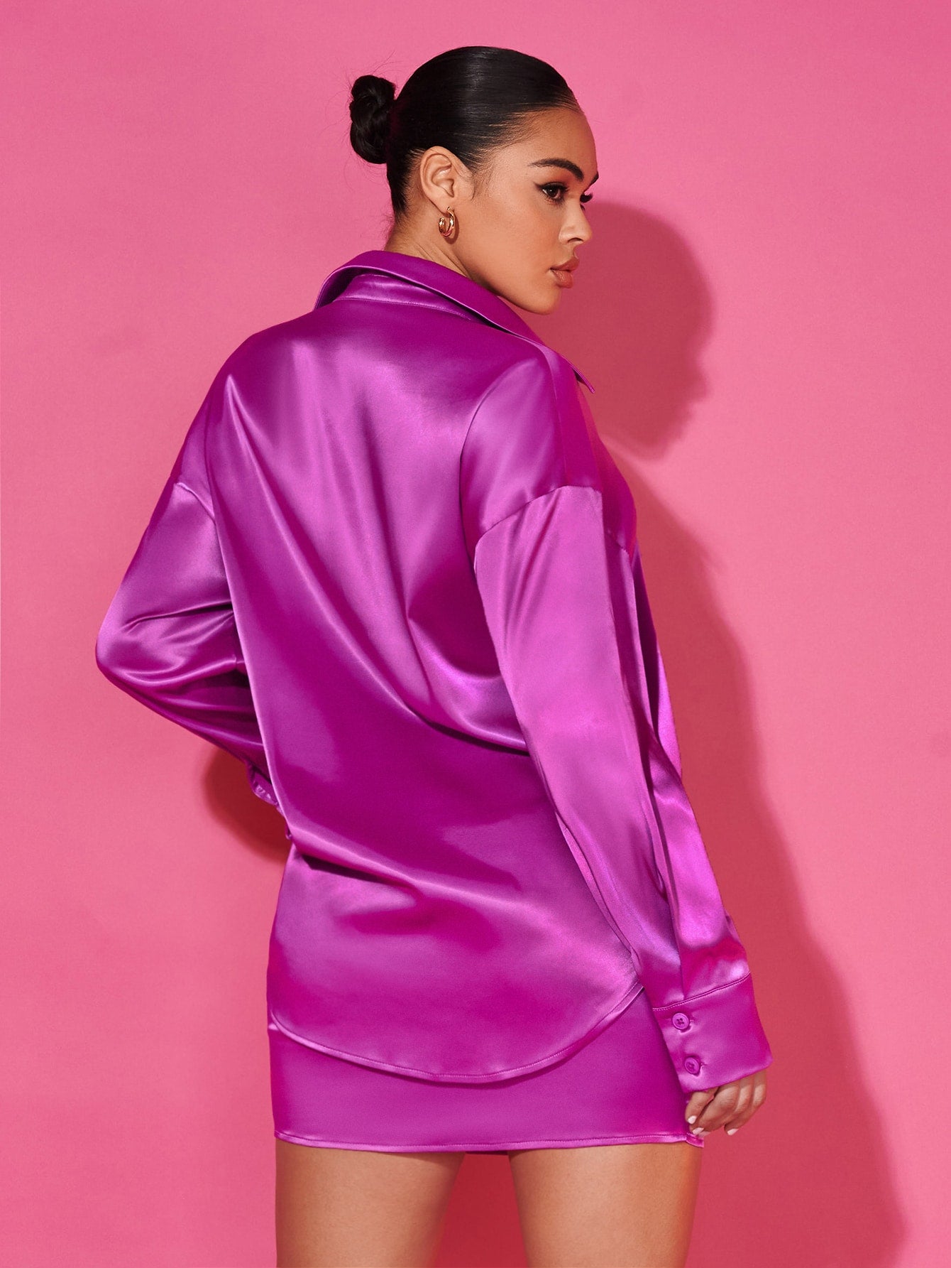 Drop Shoulder Satin Shirt Bodycon Skirt