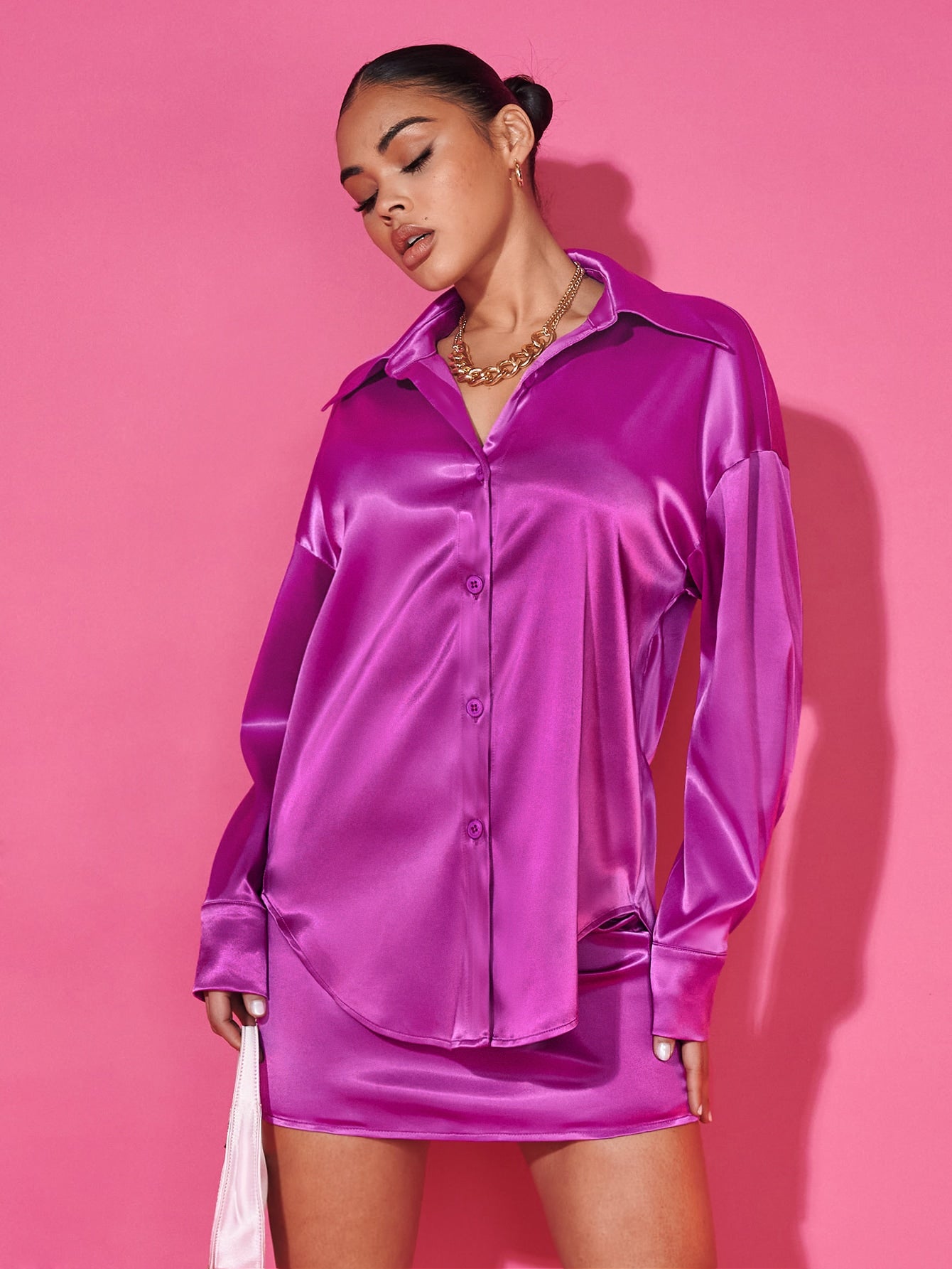 Drop Shoulder Satin Shirt Bodycon Skirt