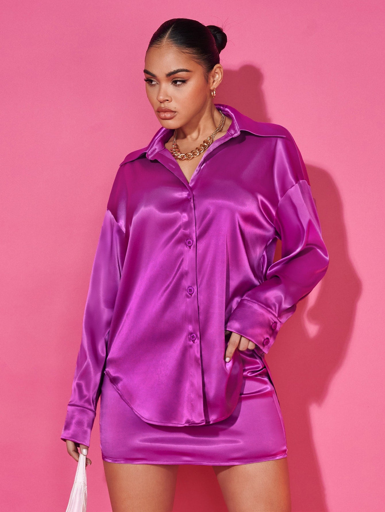Drop Shoulder Satin Shirt Bodycon Skirt