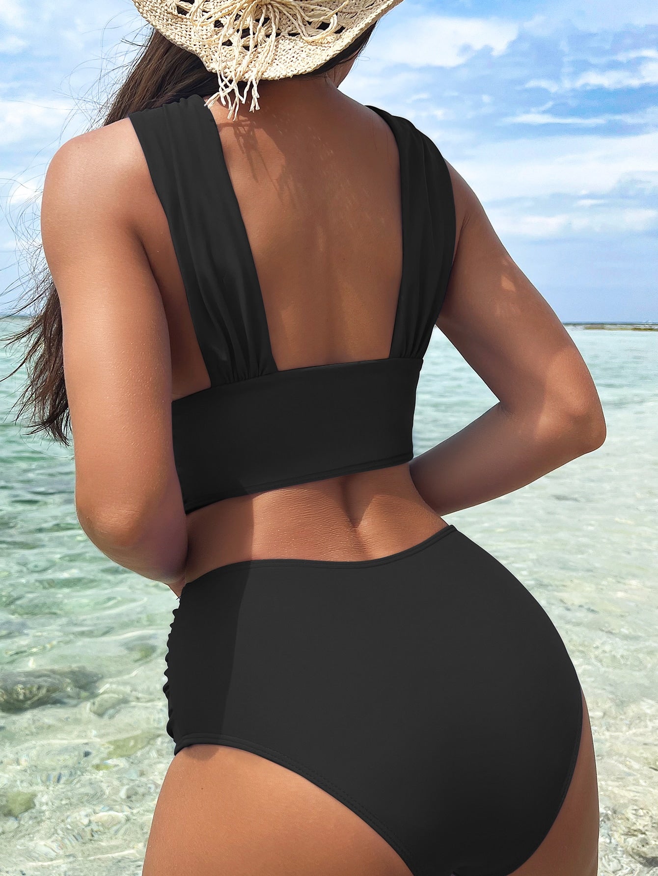 Criss Cross Ruched High Waisted Bikini Swimsuit