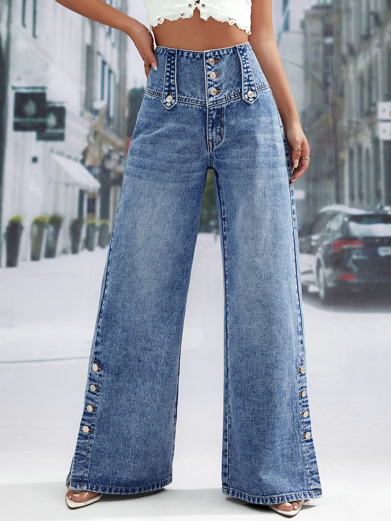 High Waist Button Fly Wide Leg Jeans
