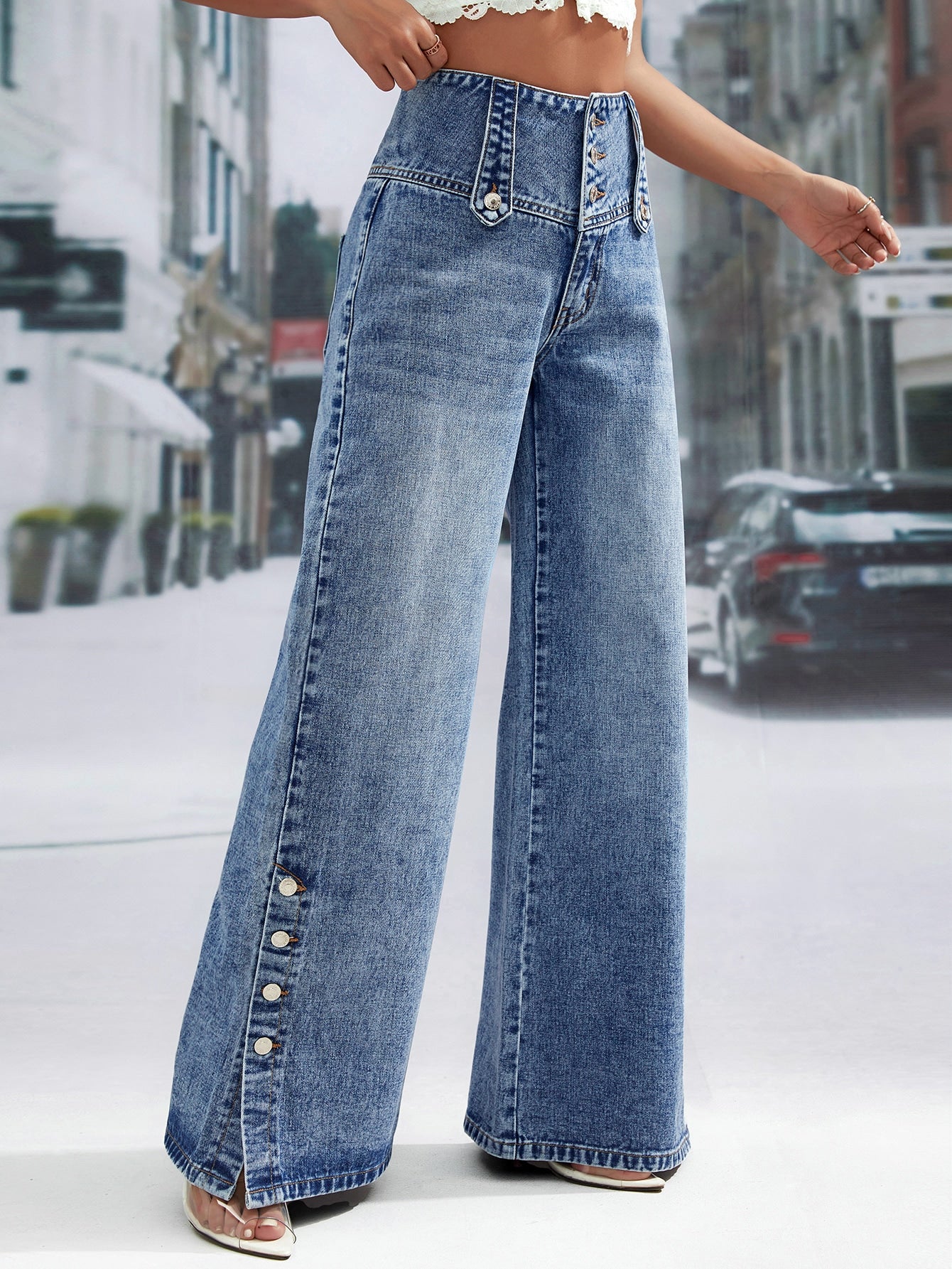 High Waist Button Fly Wide Leg Jeans