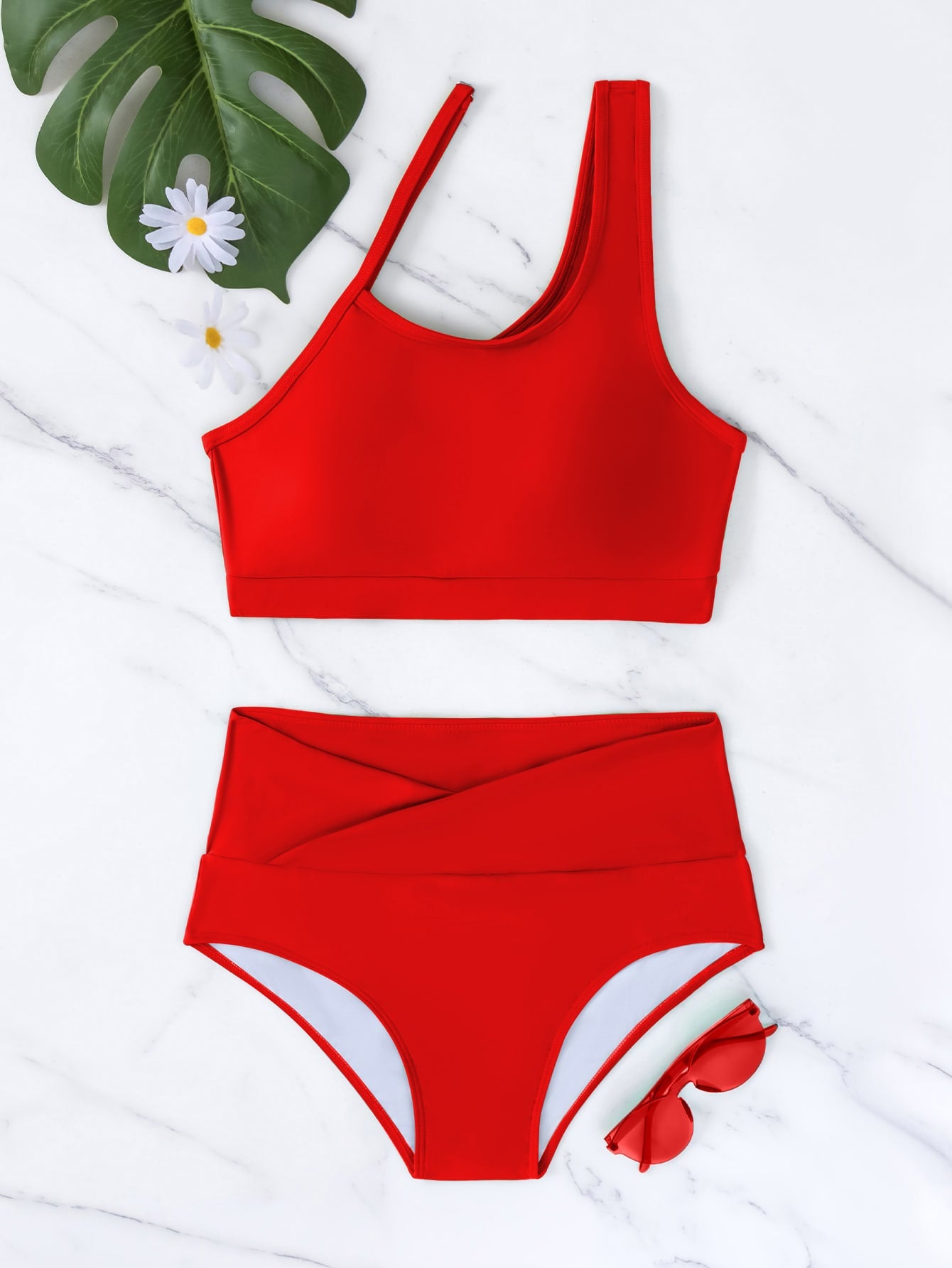 Plain Asymmetrical Cut out Bikini Swimsuit