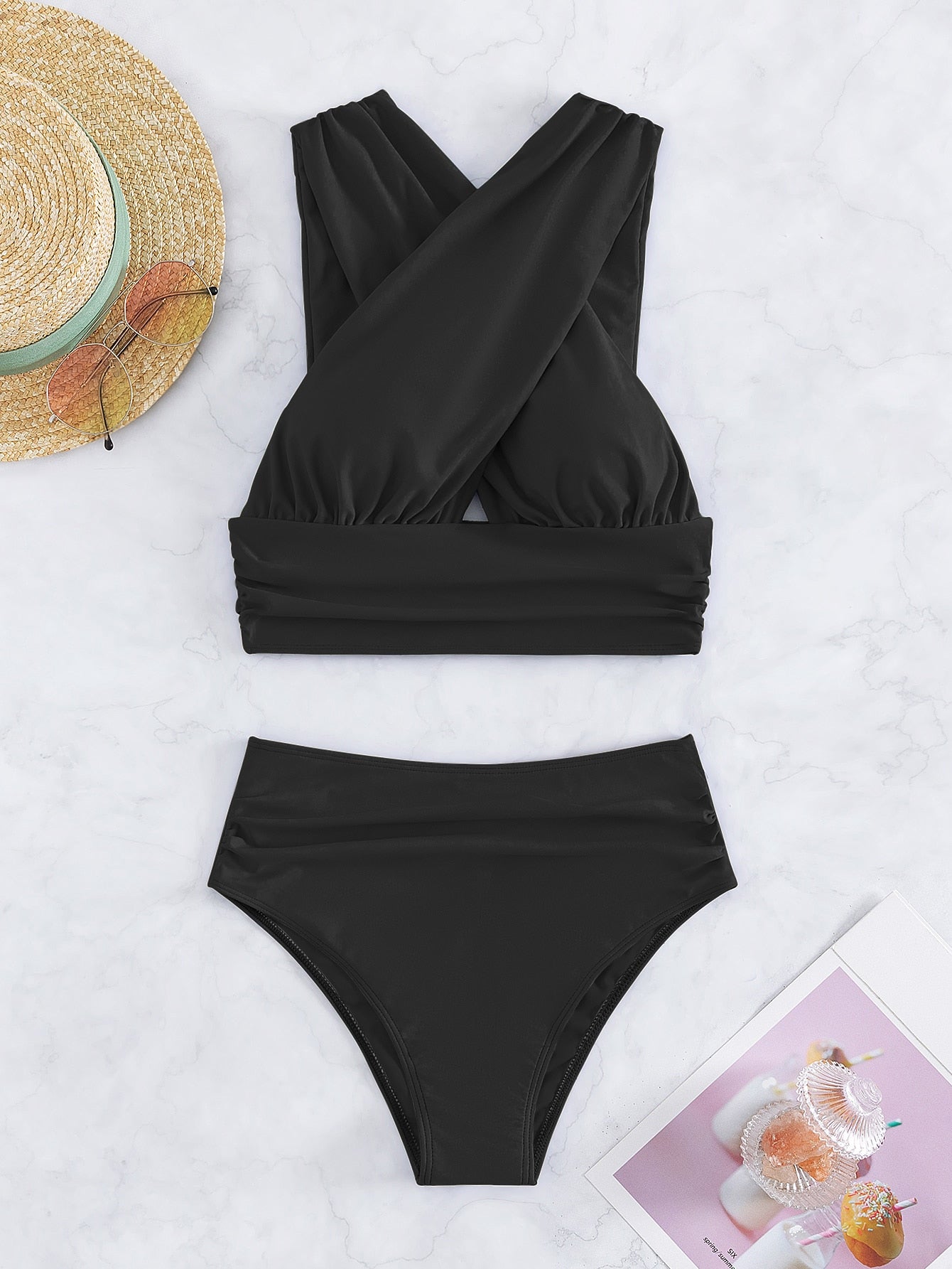 Criss Cross Ruched High Waisted Bikini Swimsuit