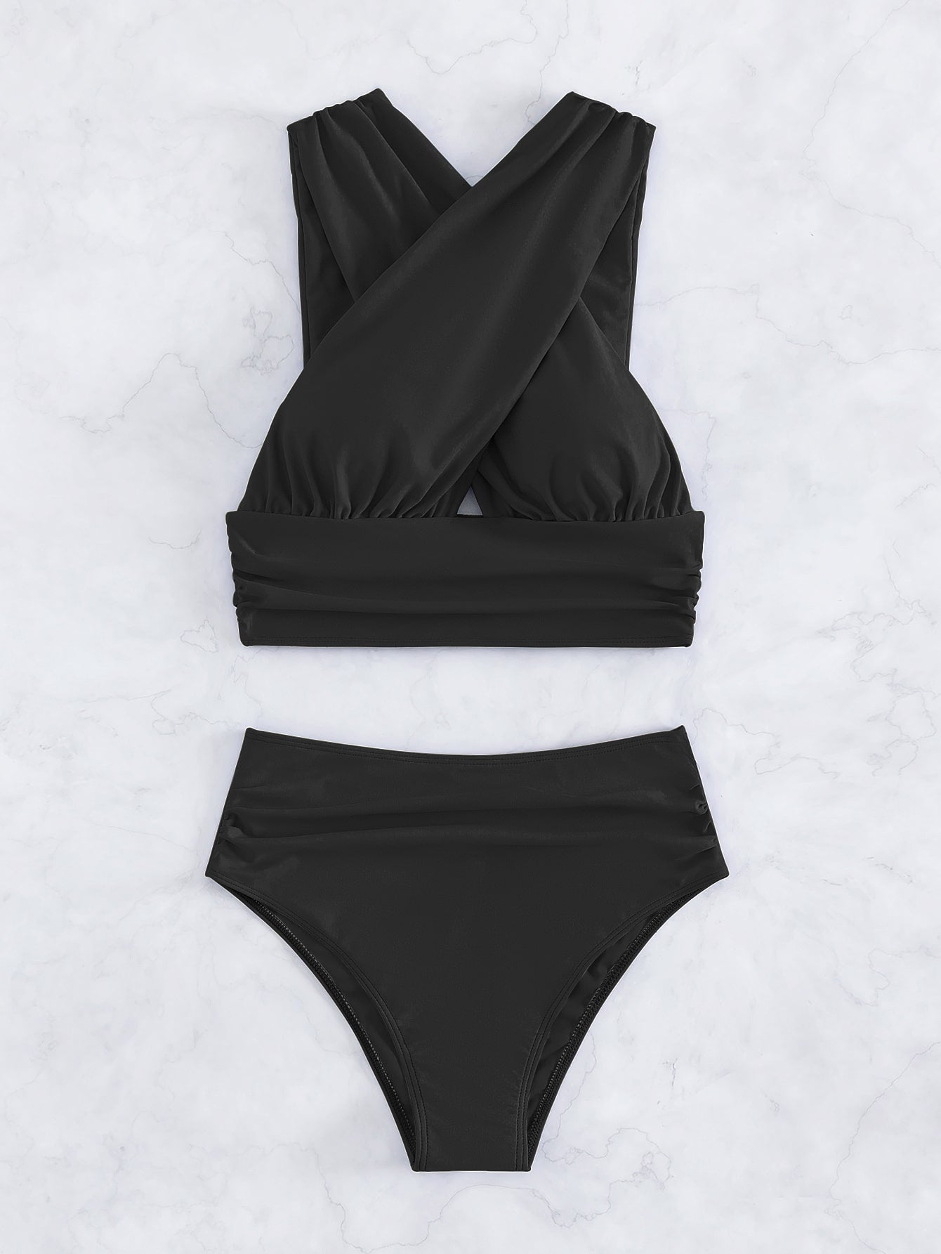 Criss Cross Ruched High Waisted Bikini Swimsuit