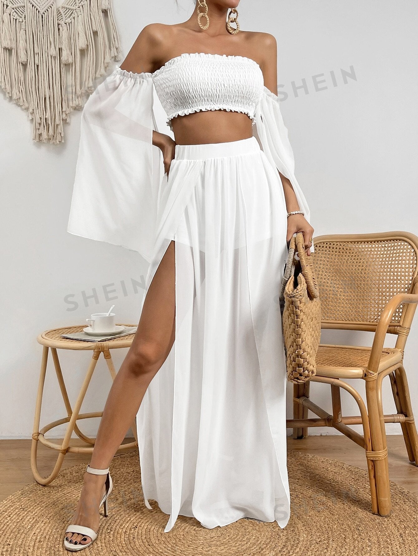 VCAY Contrast Mesh Off Shoulder Crop Top & Split Thigh Skirt