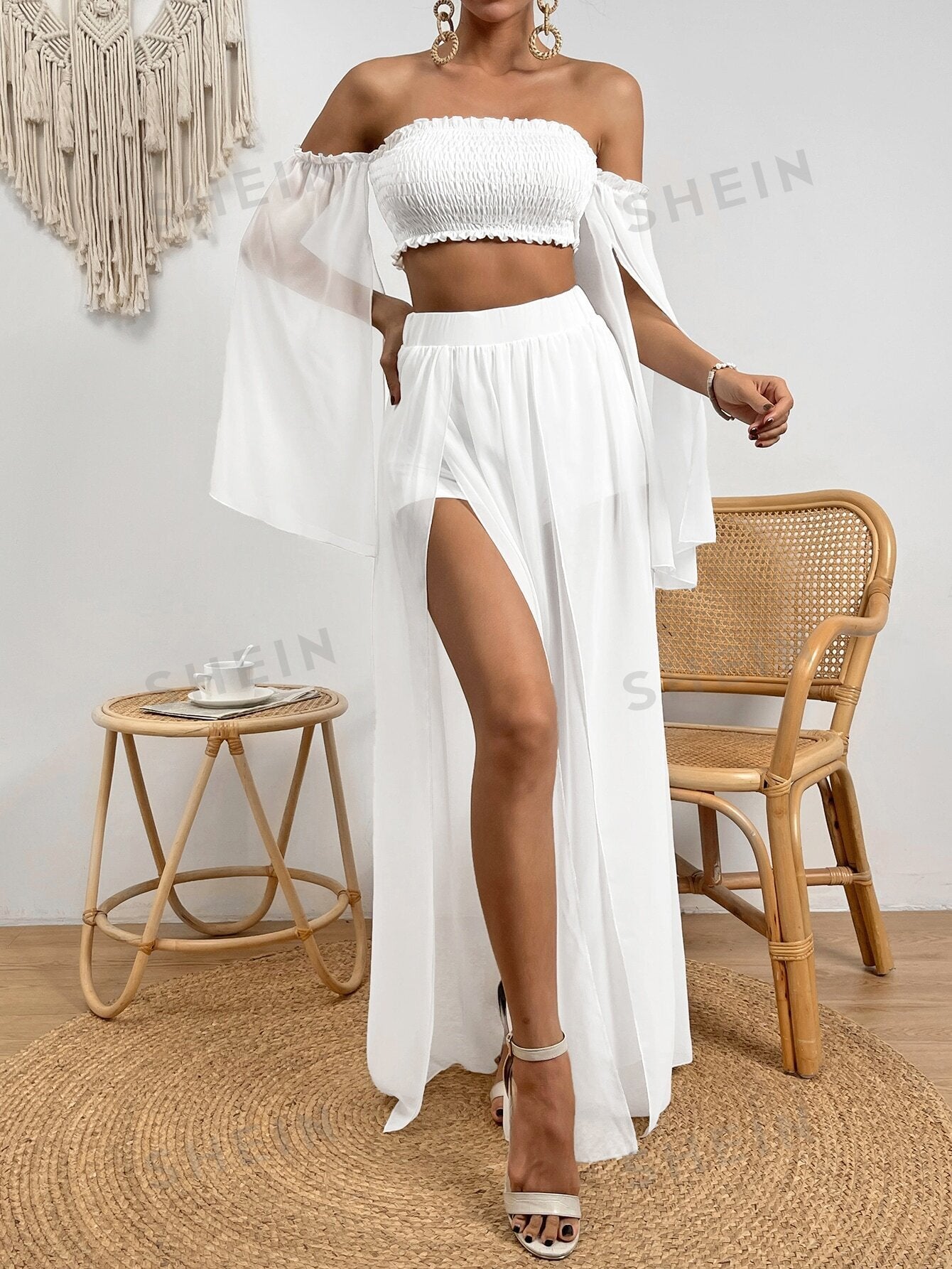 VCAY Contrast Mesh Off Shoulder Crop Top & Split Thigh Skirt
