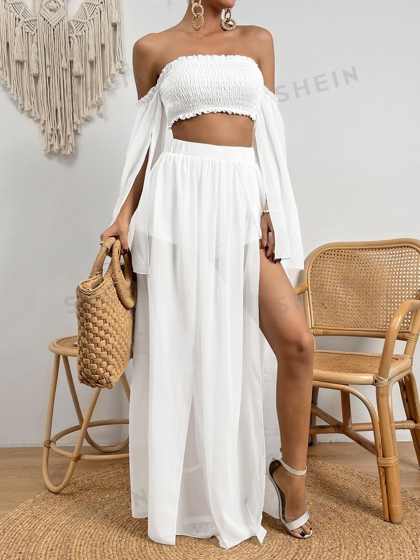 VCAY Contrast Mesh Off Shoulder Crop Top & Split Thigh Skirt