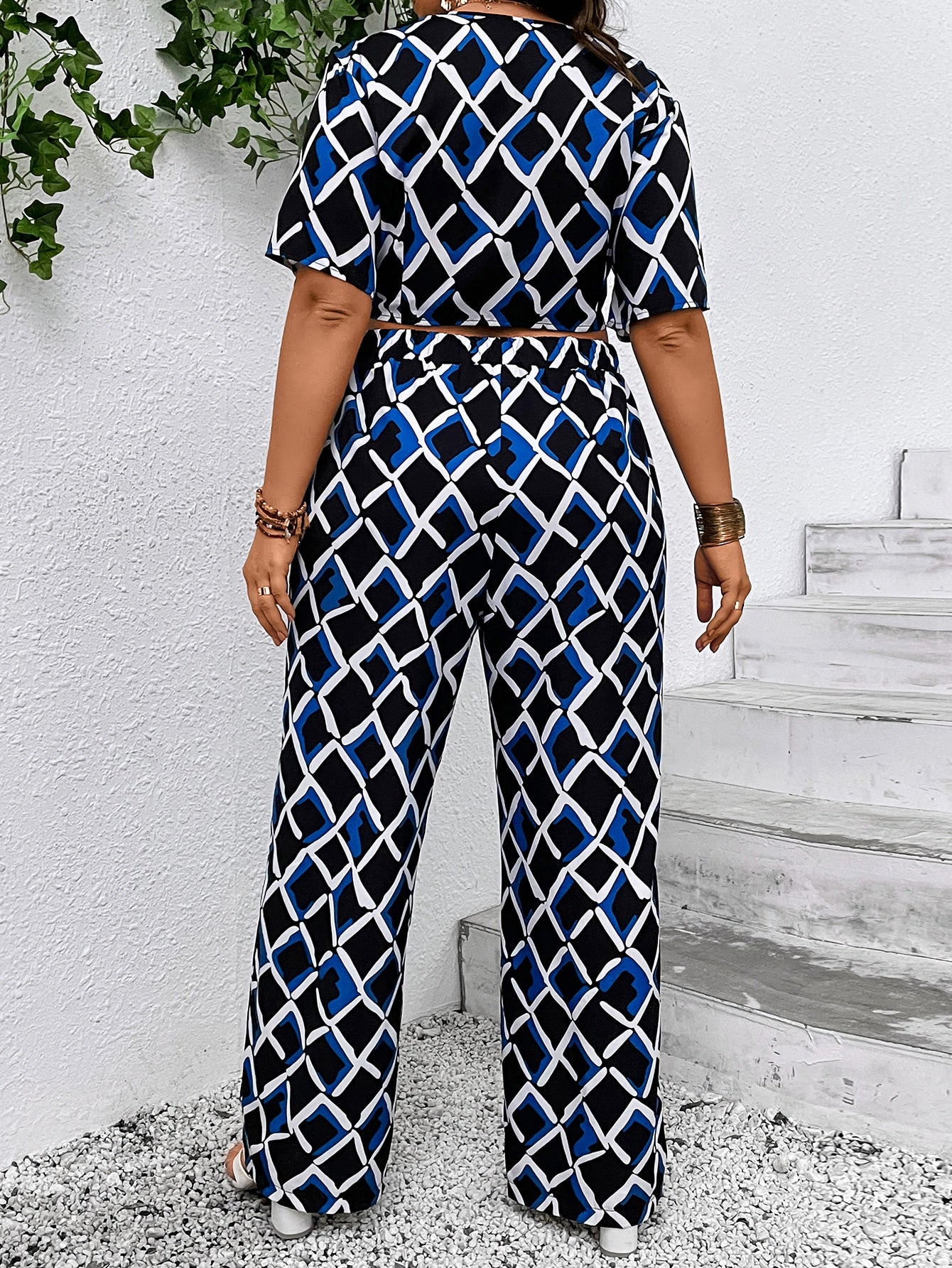 Plus Geo Print Knot Hem Crop Top Wide Leg Pants