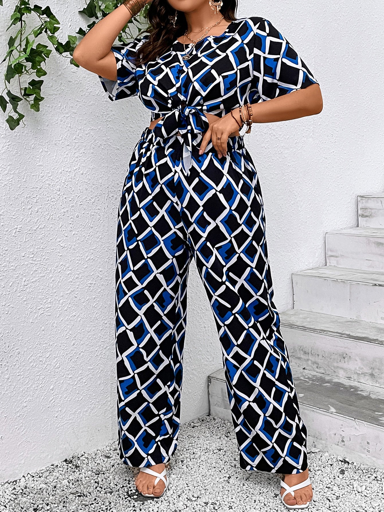 Plus Geo Print Knot Hem Crop Top Wide Leg Pants