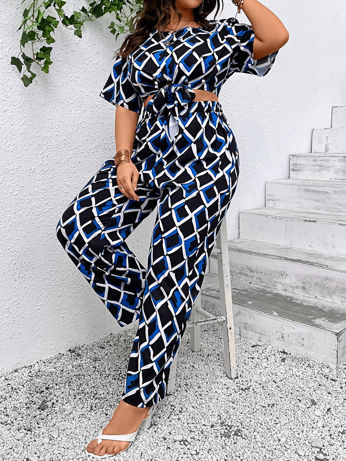 Plus Geo Print Knot Hem Crop Top Wide Leg Pants