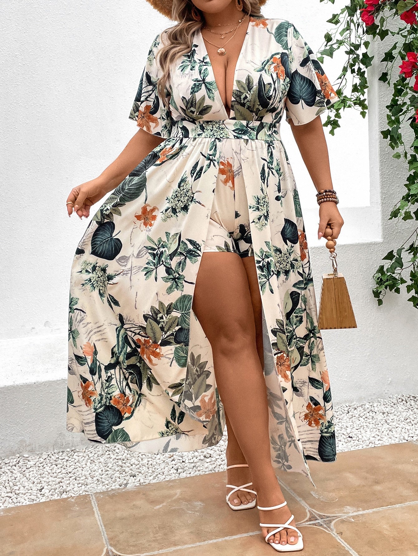 Plus Tropical Print Plunging Neck Fold over Romper