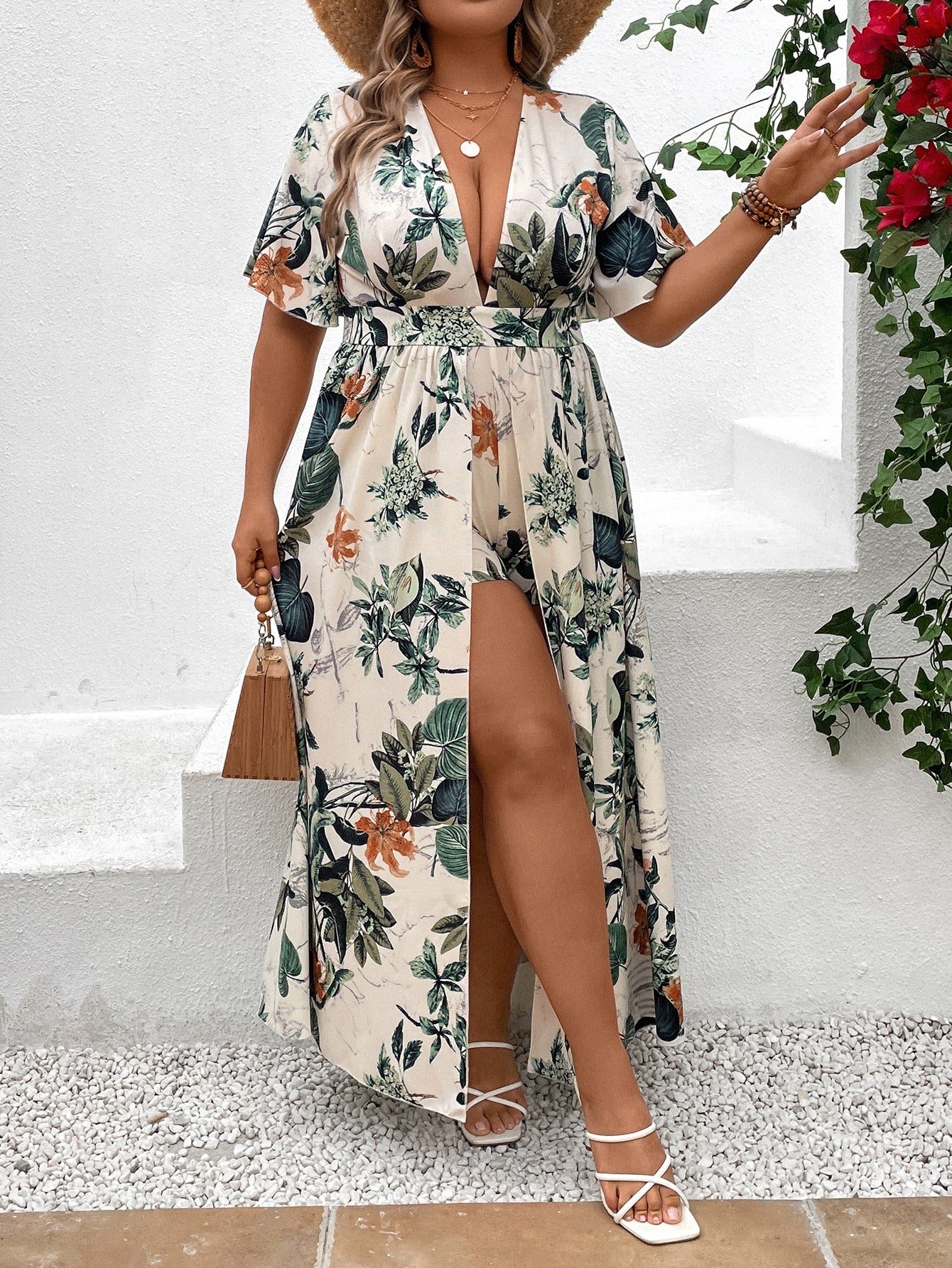 Plus Tropical Print Plunging Neck Fold over Romper