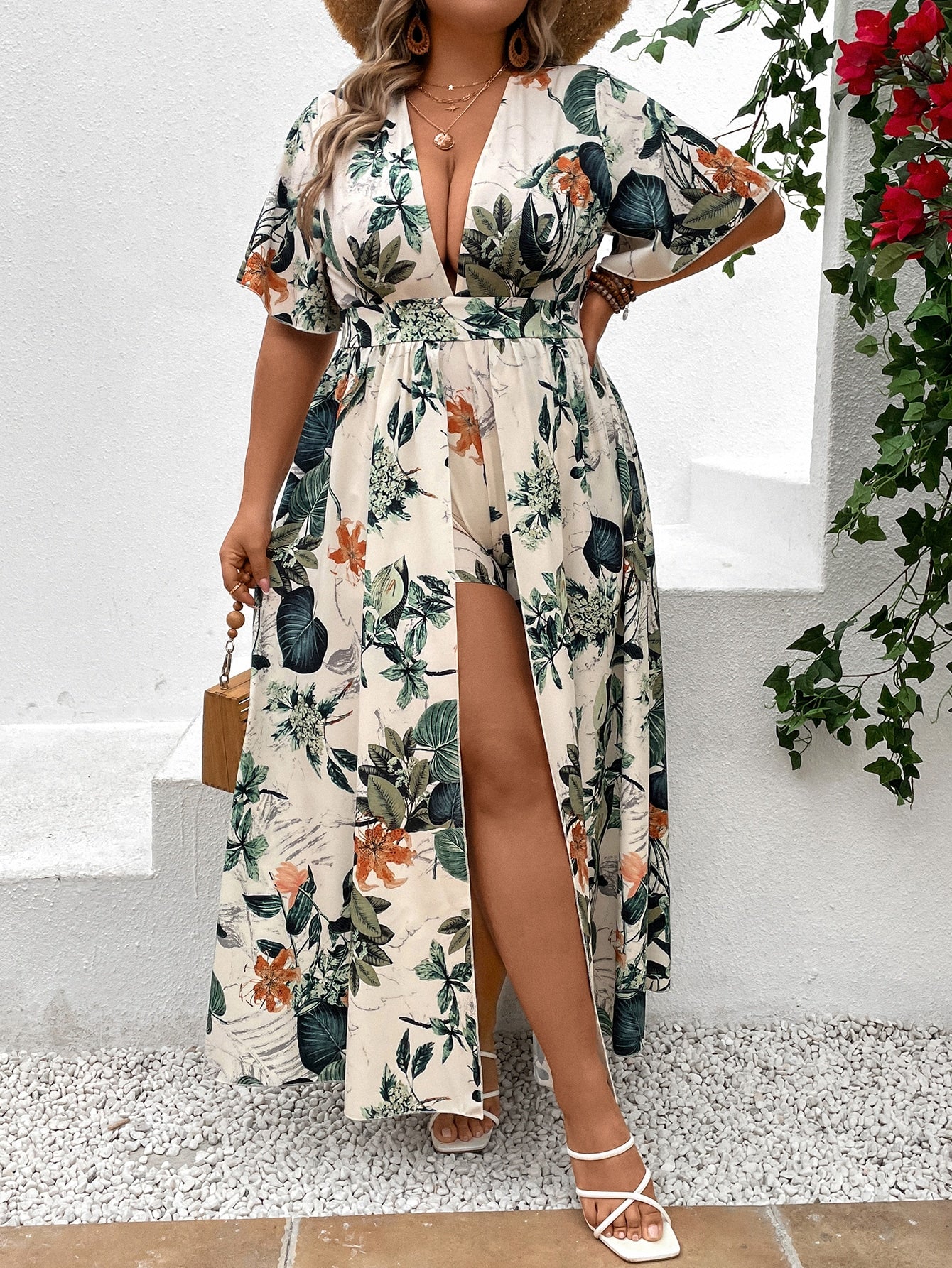 Plus Tropical Print Plunging Neck Fold over Romper