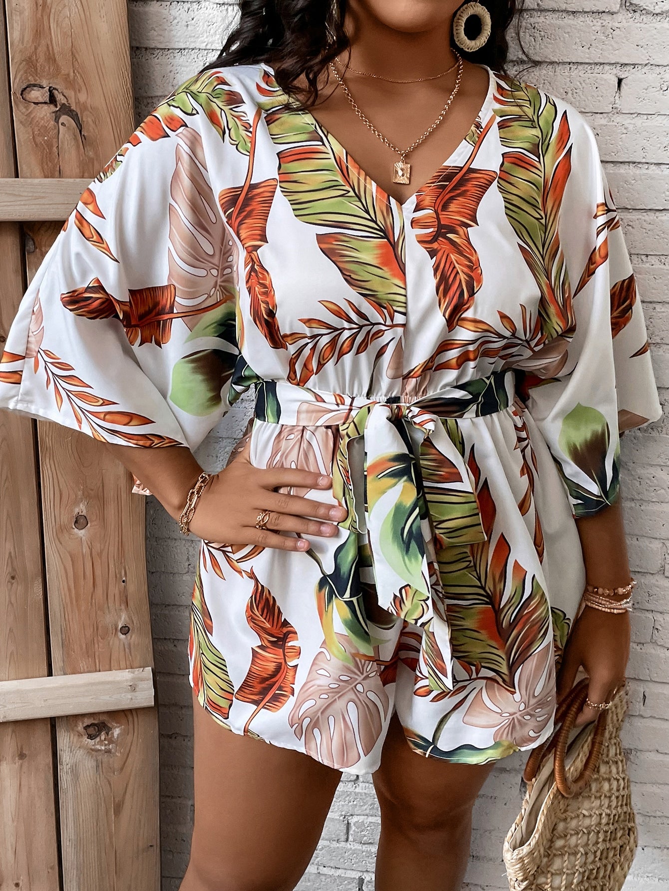 Plus Tropical Print Belted Romper
