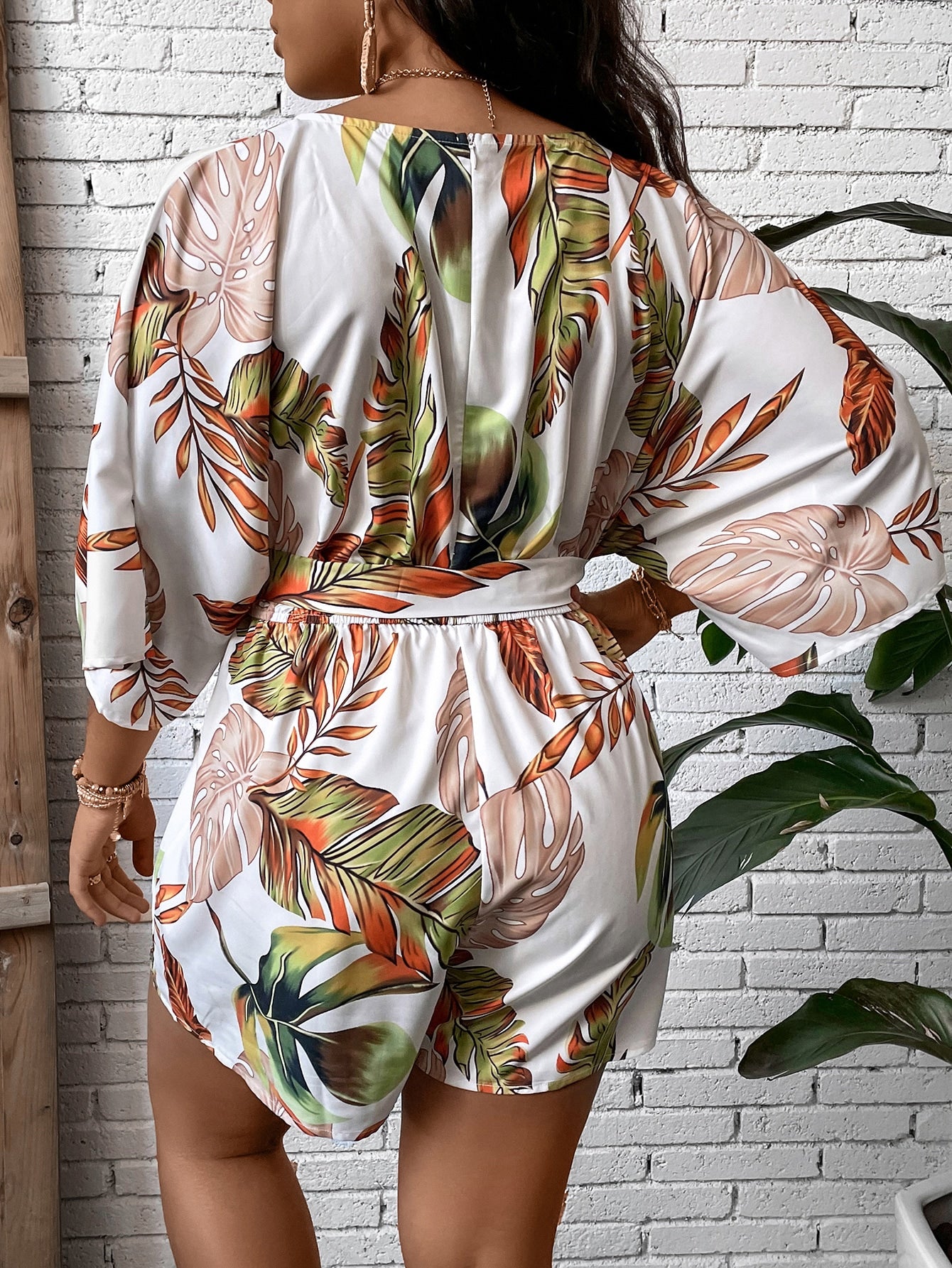 Plus Tropical Print Belted Romper