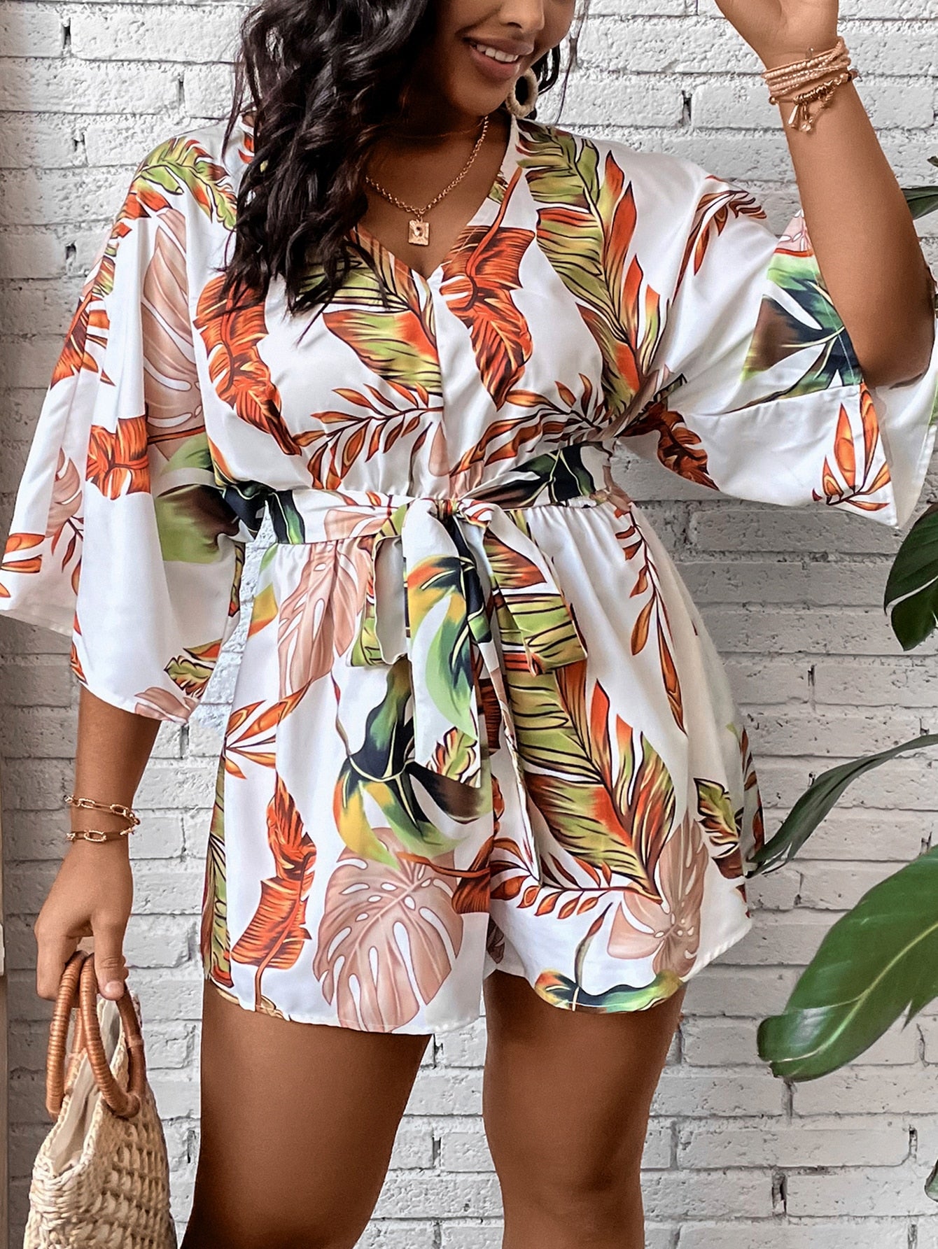 Plus Tropical Print Belted Romper