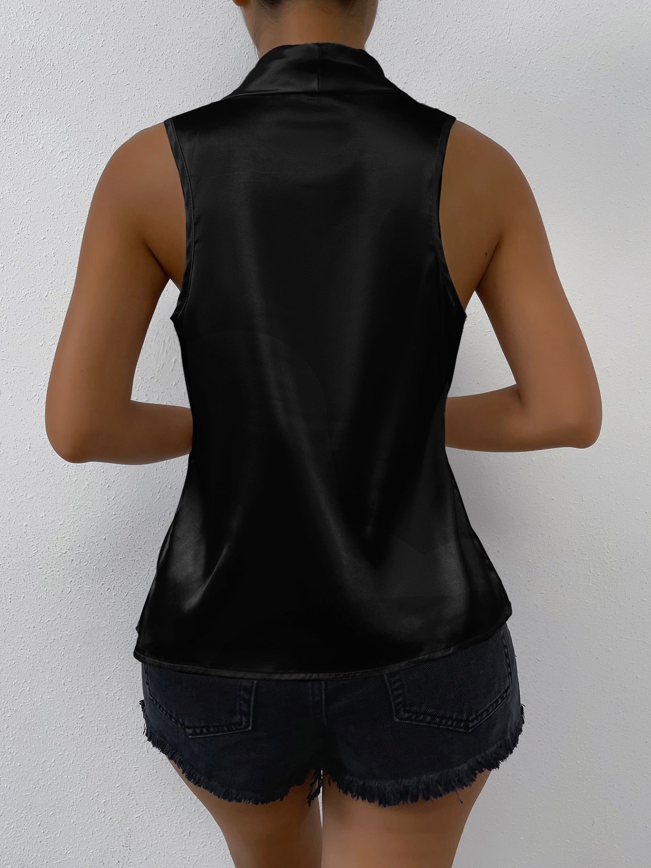 Solid Draped Collar Satin Blouse