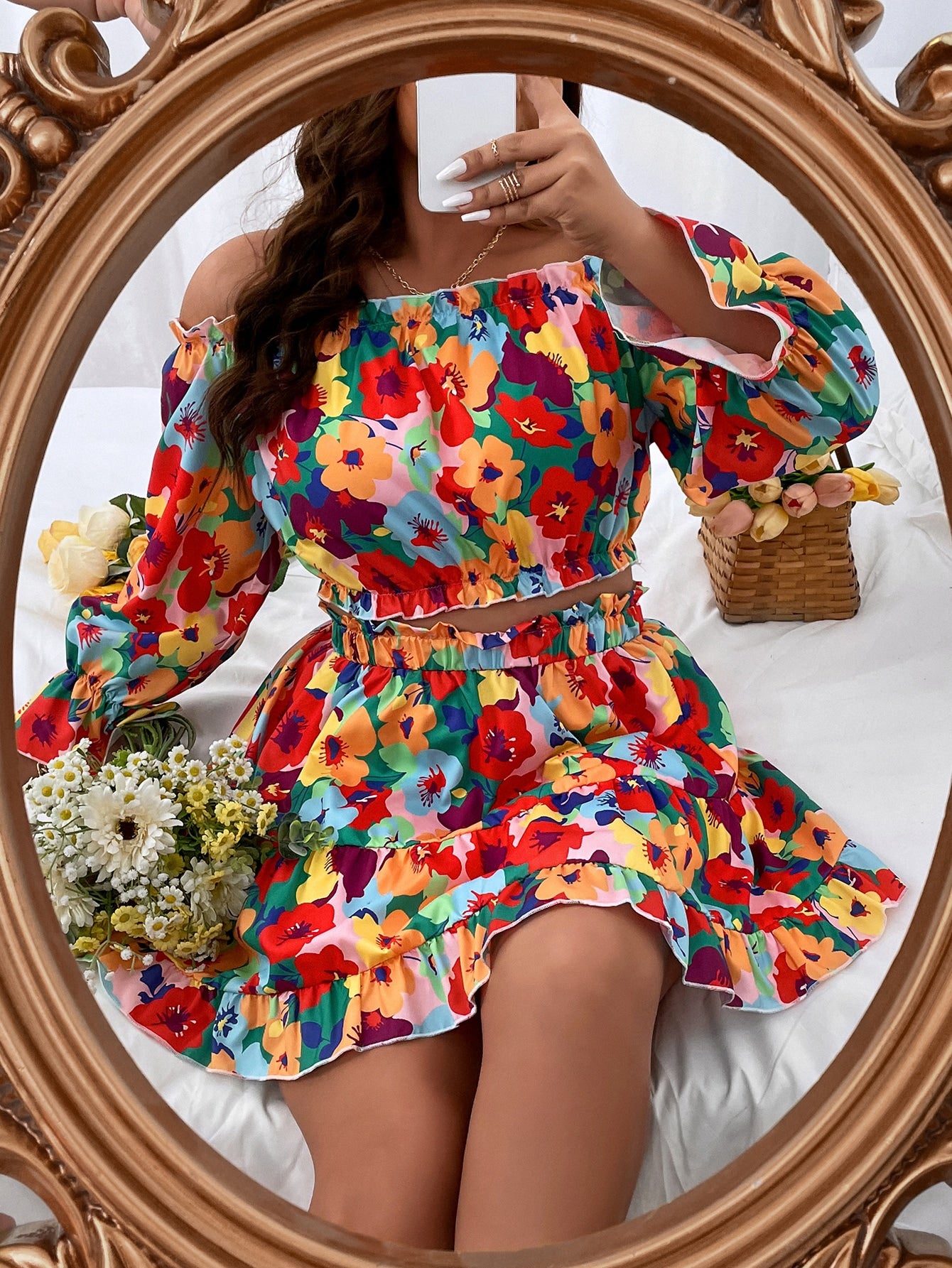 Plus Floral Print Off Shoulder Flounce Sleeve Top Ruffle Hem Skirt