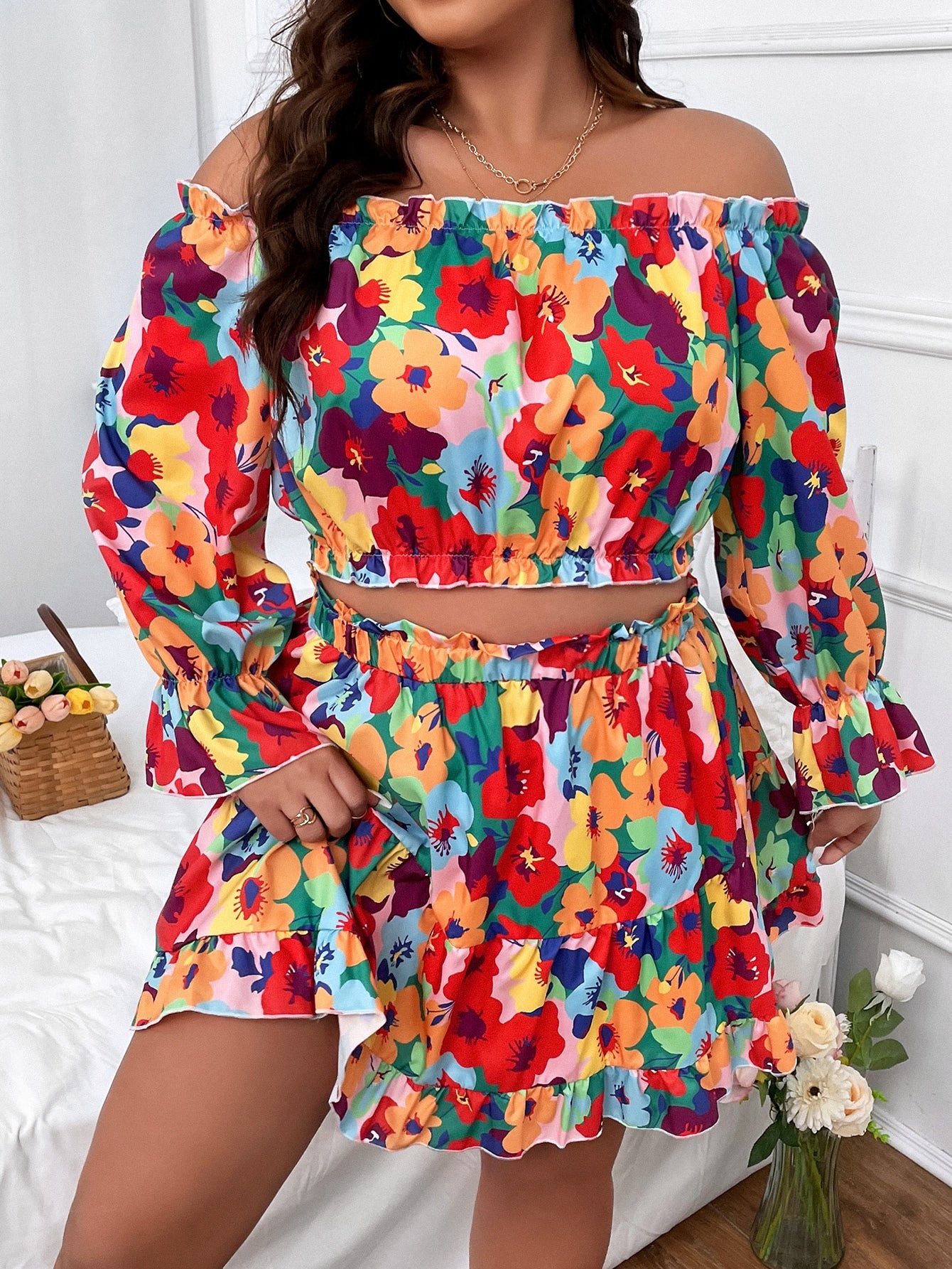 Plus Floral Print Off Shoulder Flounce Sleeve Top Ruffle Hem Skirt