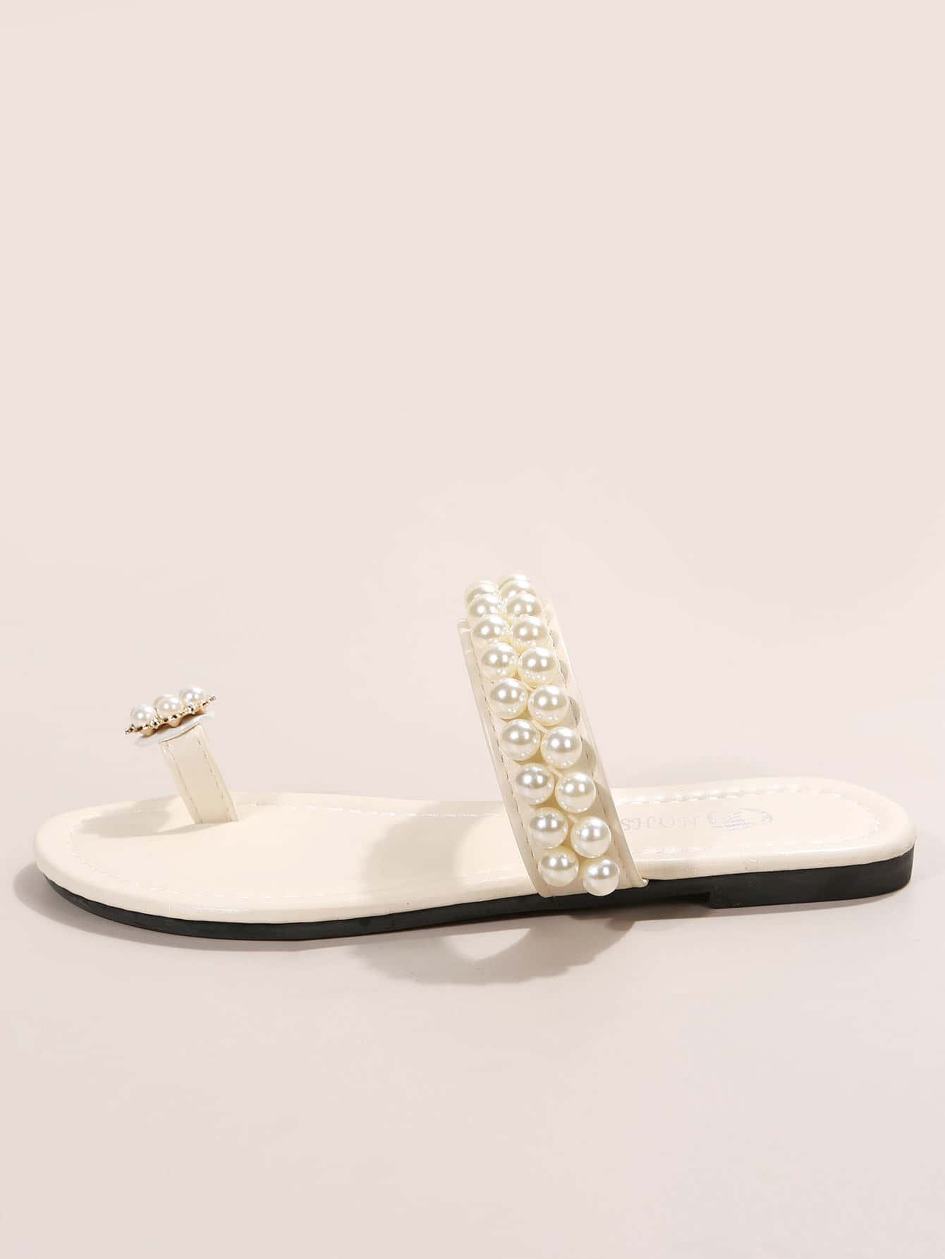 Women Faux Pearl Decor Toe Post Flat Sandals Fashion Beige Thong Sandals
