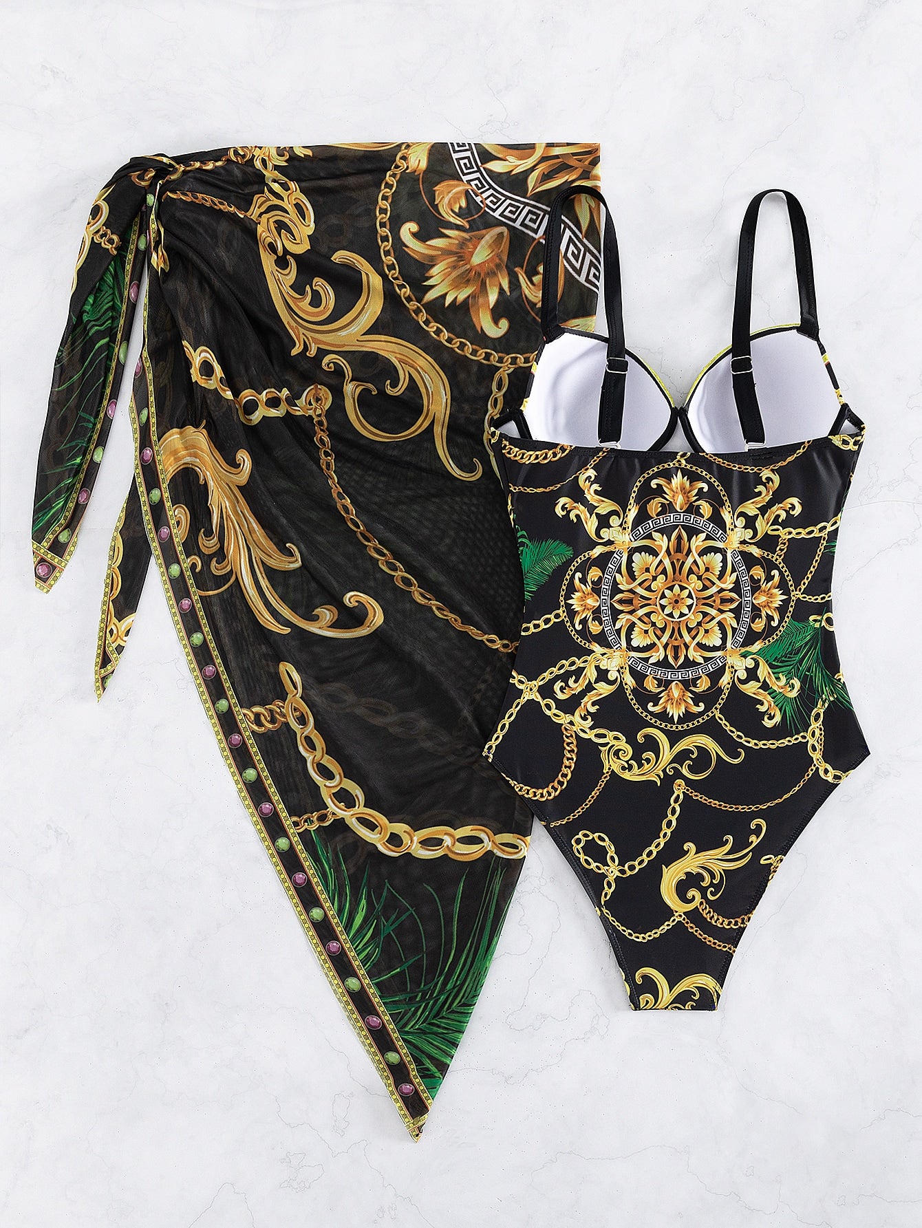 Chain Print Push Up One Piece Swimsuit With Beach Skirt