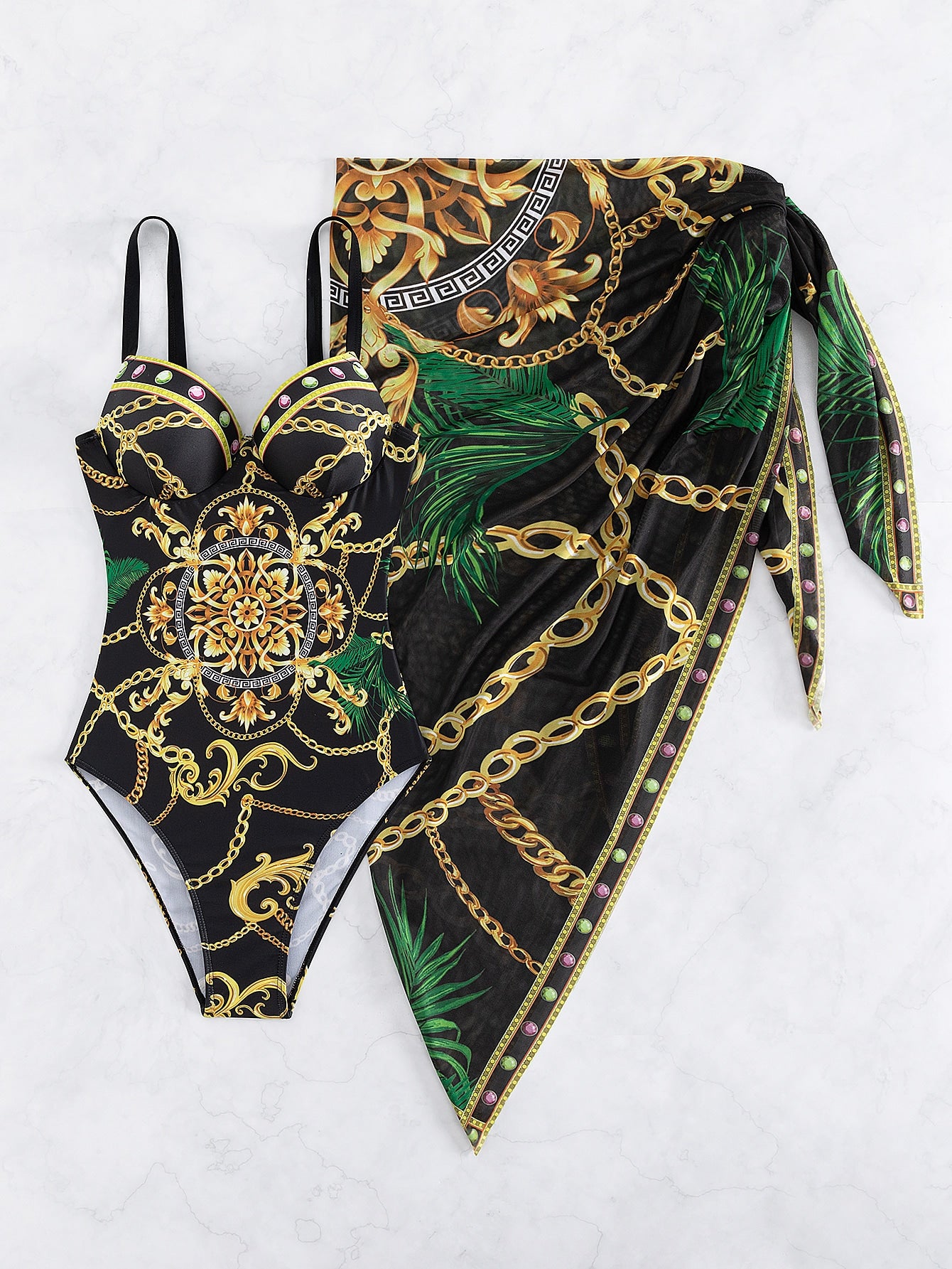 Chain Print Push Up One Piece Swimsuit With Beach Skirt