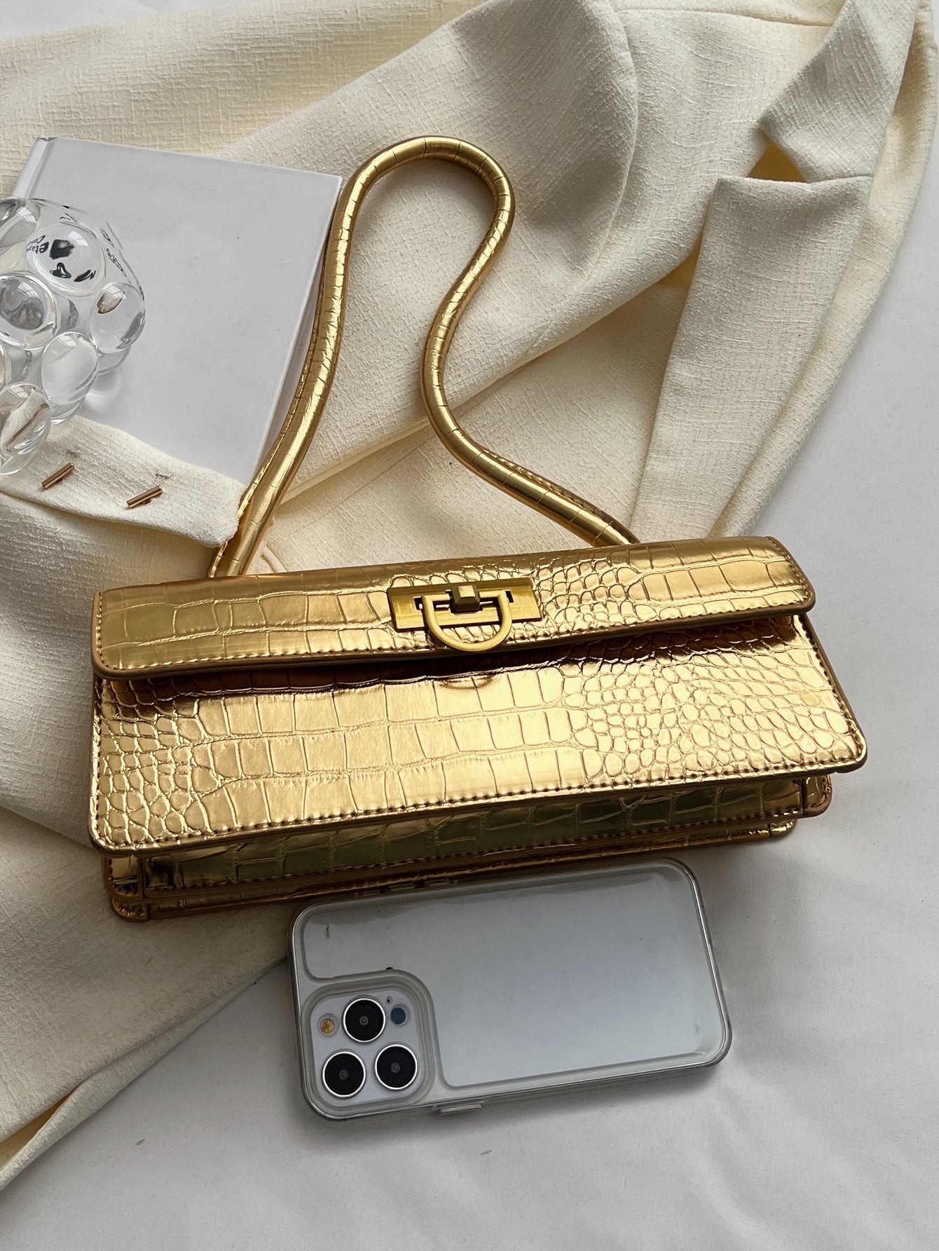 Metallic Crocodile Embossed Flap Baguette Bag