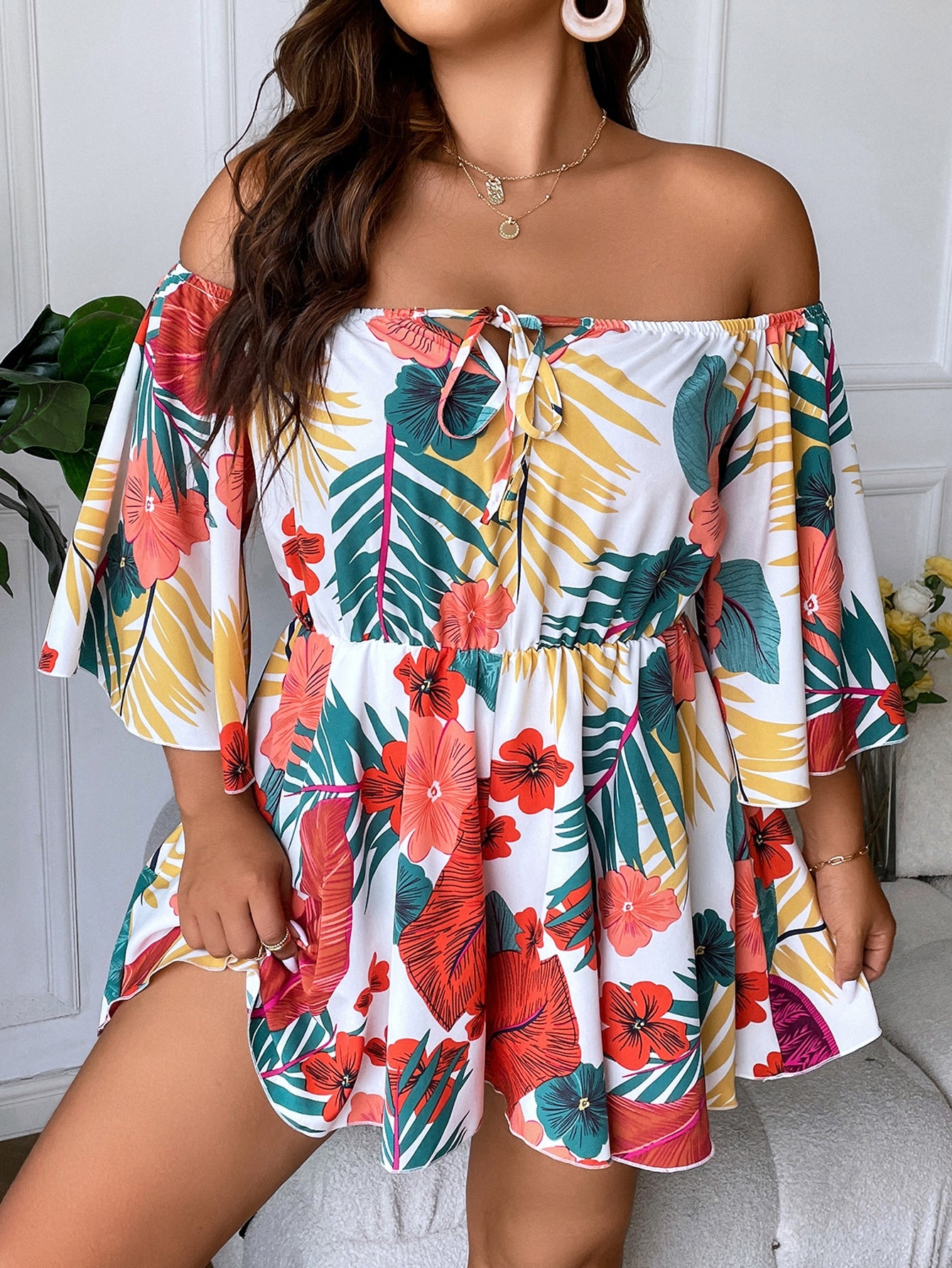 Plus Tropical Print Off Shoulder Knot Front Romper
