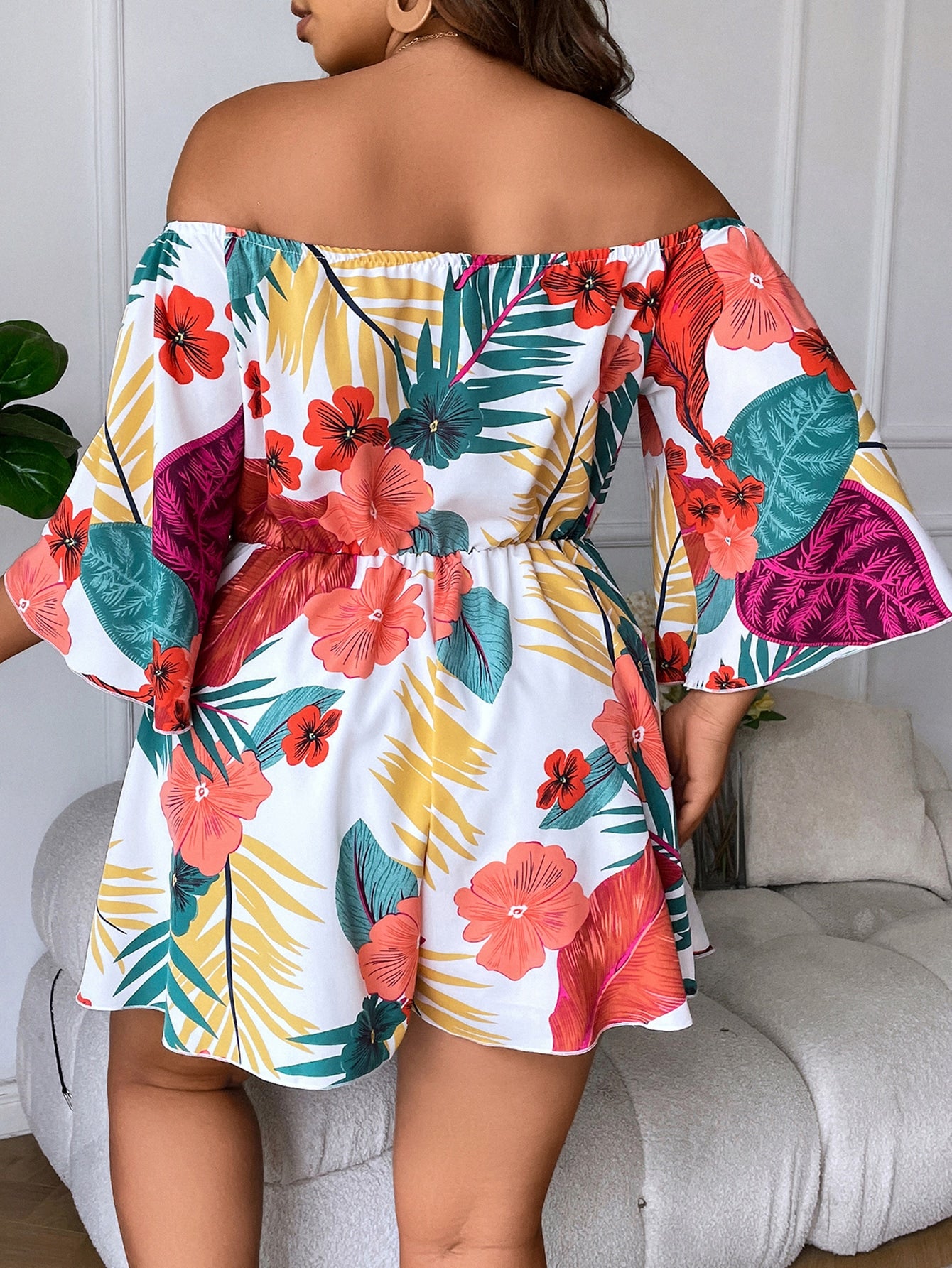 Plus Tropical Print Off Shoulder Knot Front Romper