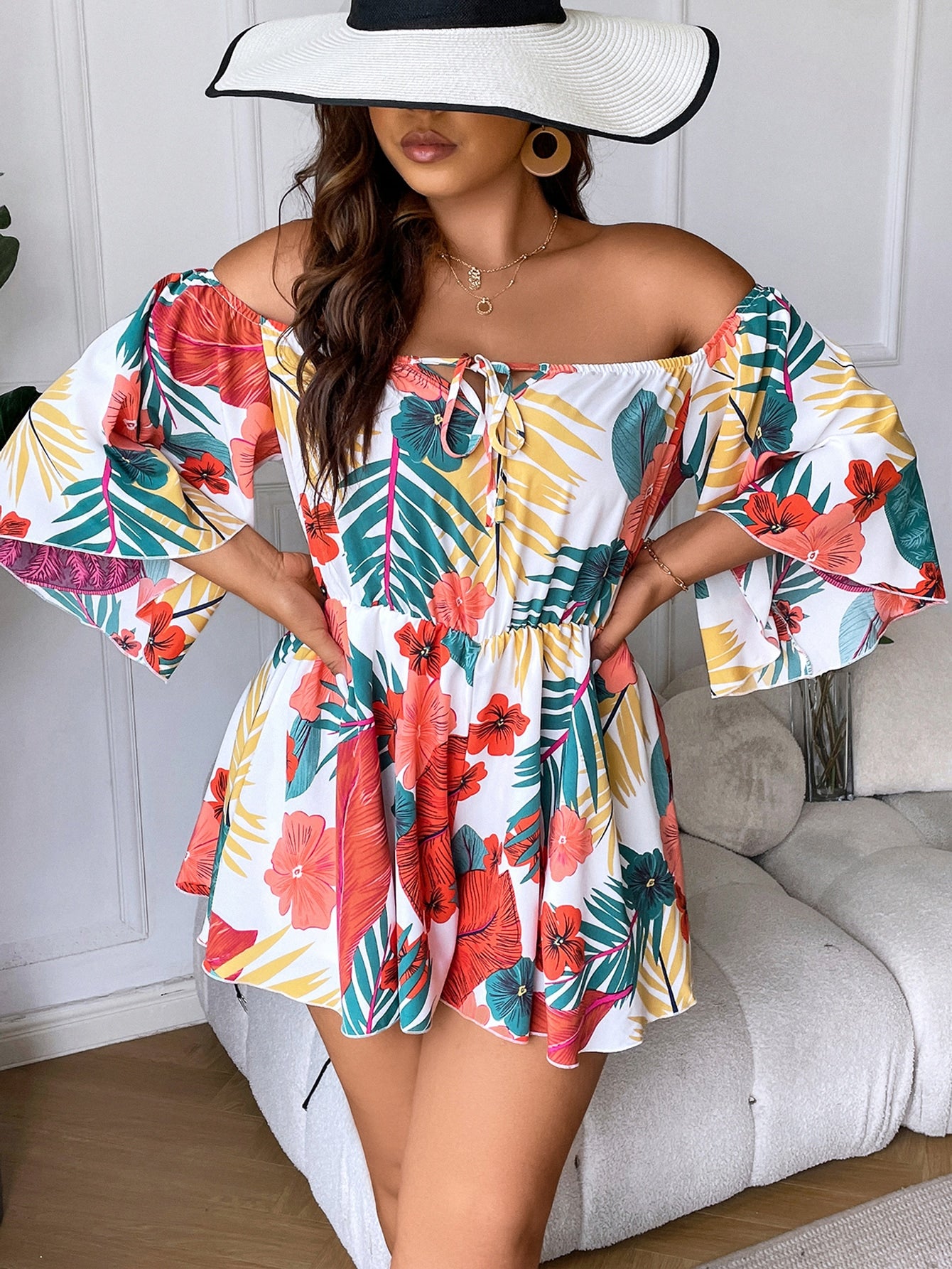 Plus Tropical Print Off Shoulder Knot Front Romper