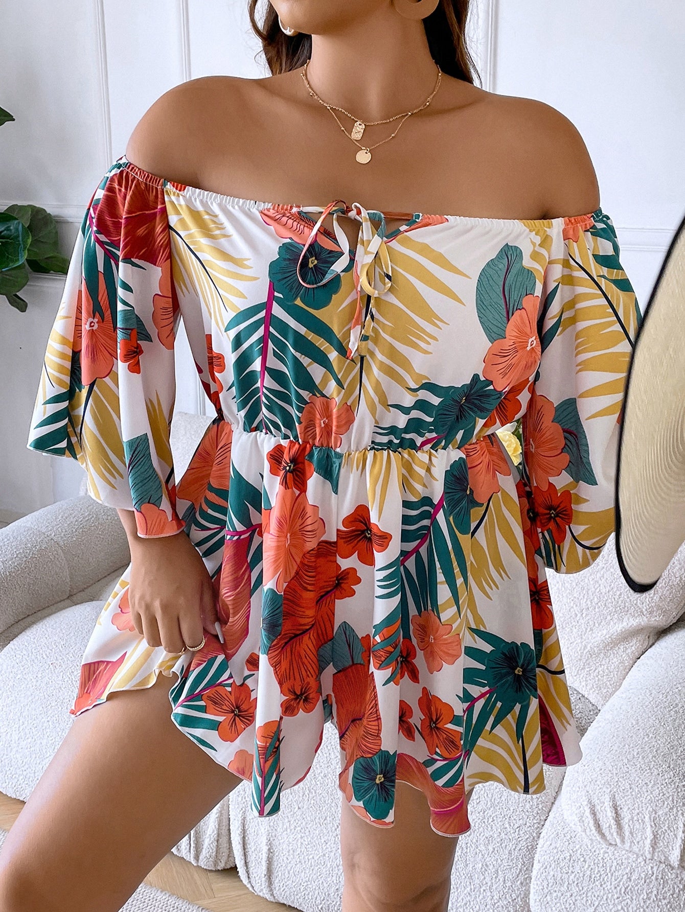 Plus Tropical Print Off Shoulder Knot Front Romper