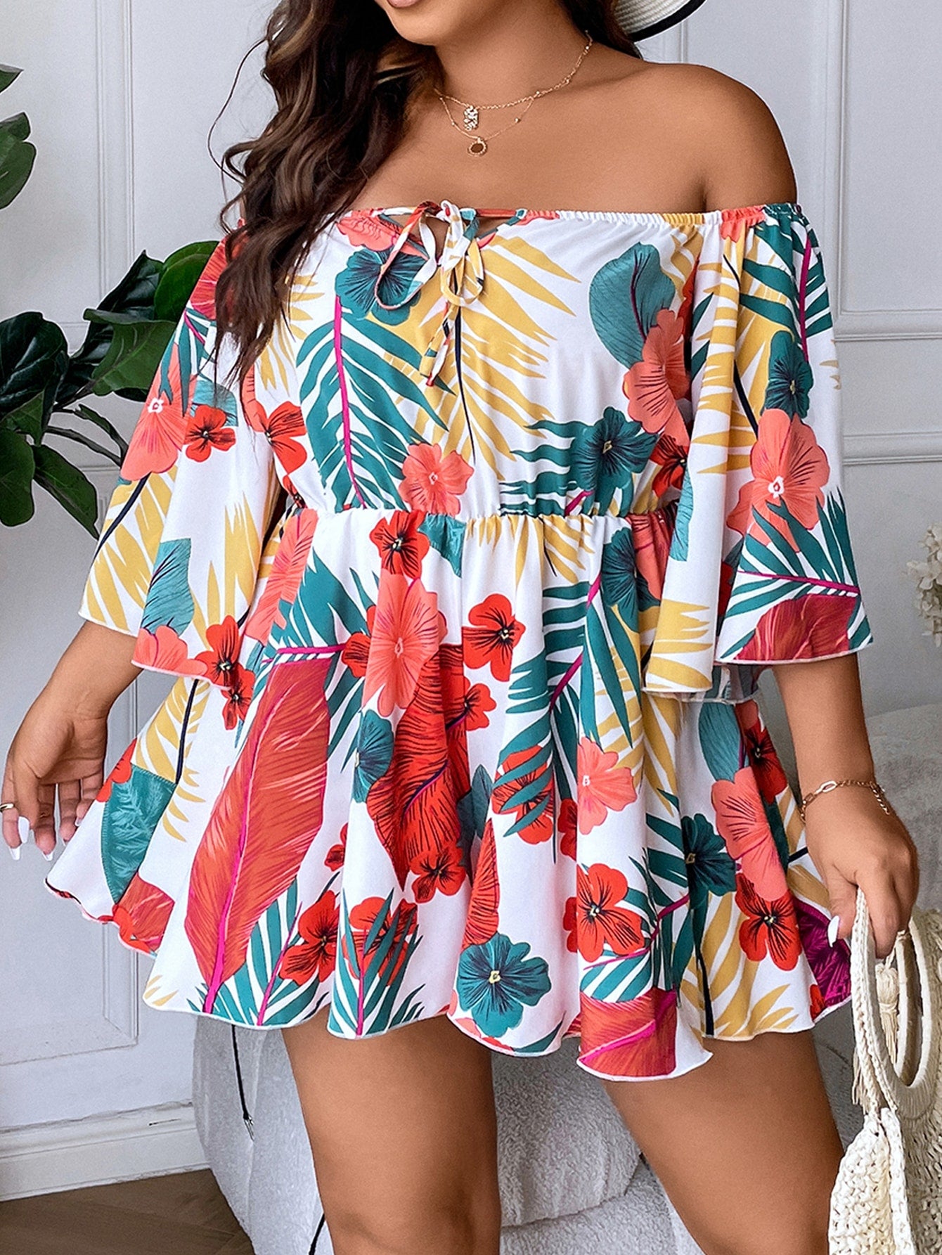 Plus Tropical Print Off Shoulder Knot Front Romper