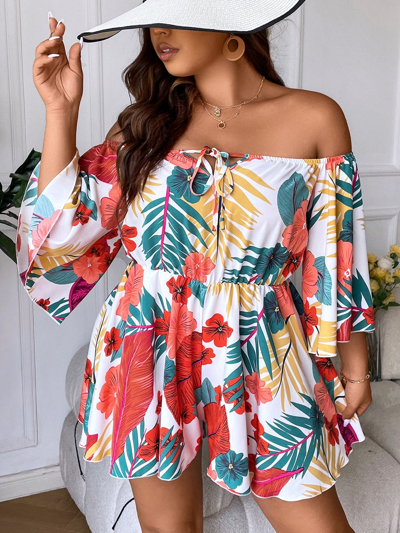 Plus Tropical Print Off Shoulder Knot Front Romper