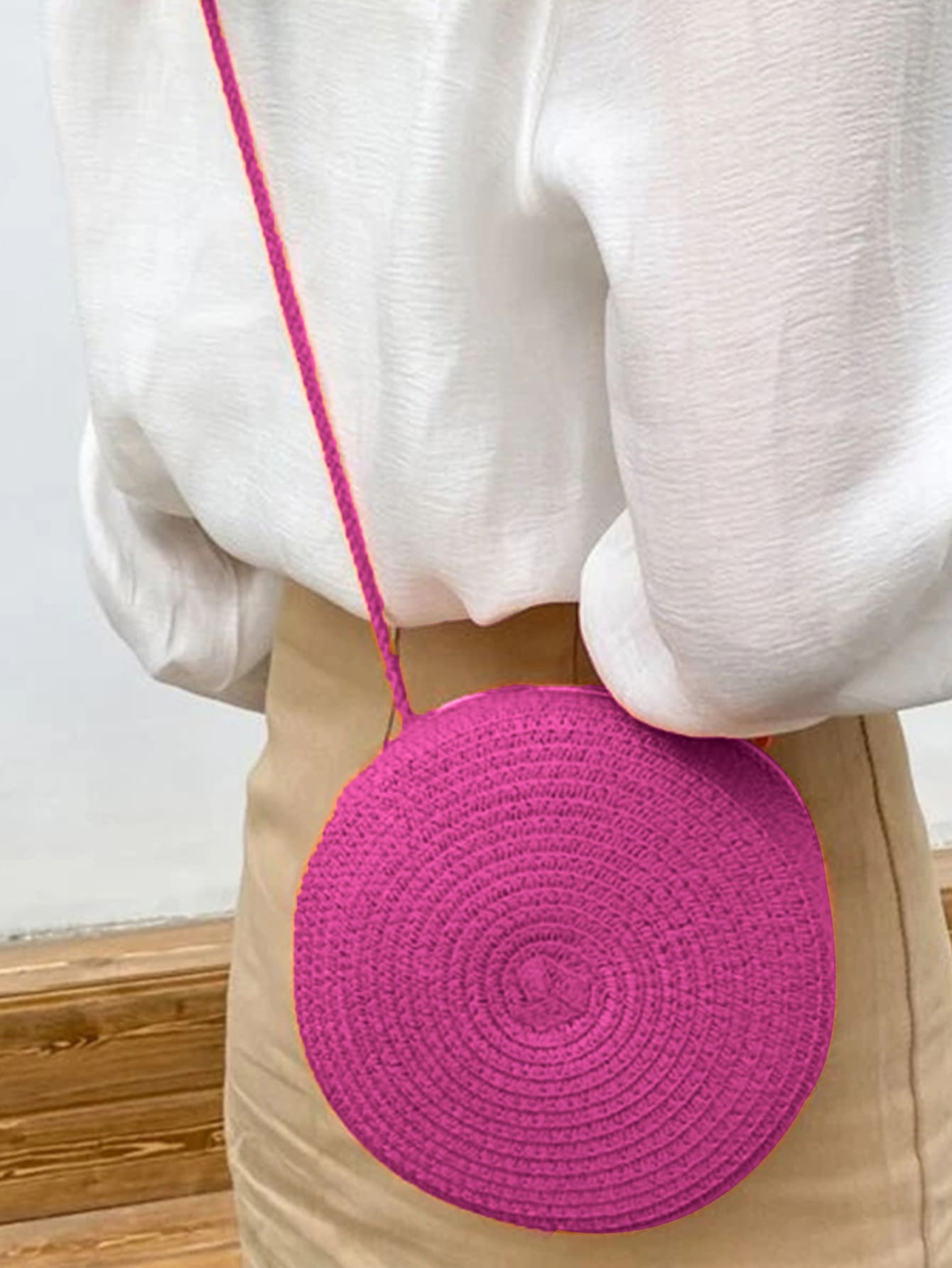 Mini Neon Red Crossbody Circle Shape Straw Bag