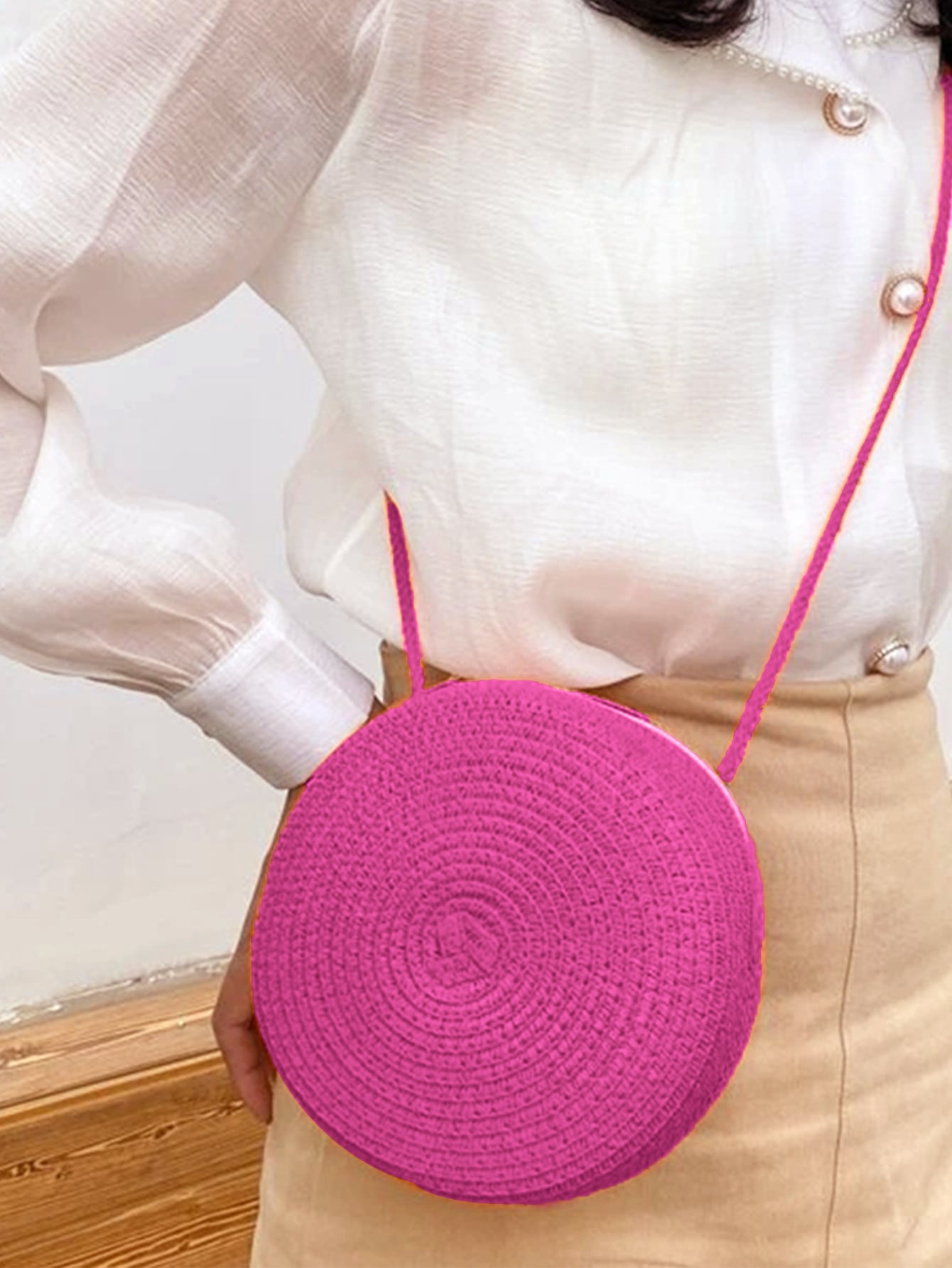 Mini Neon Red Crossbody Circle Shape Straw Bag
