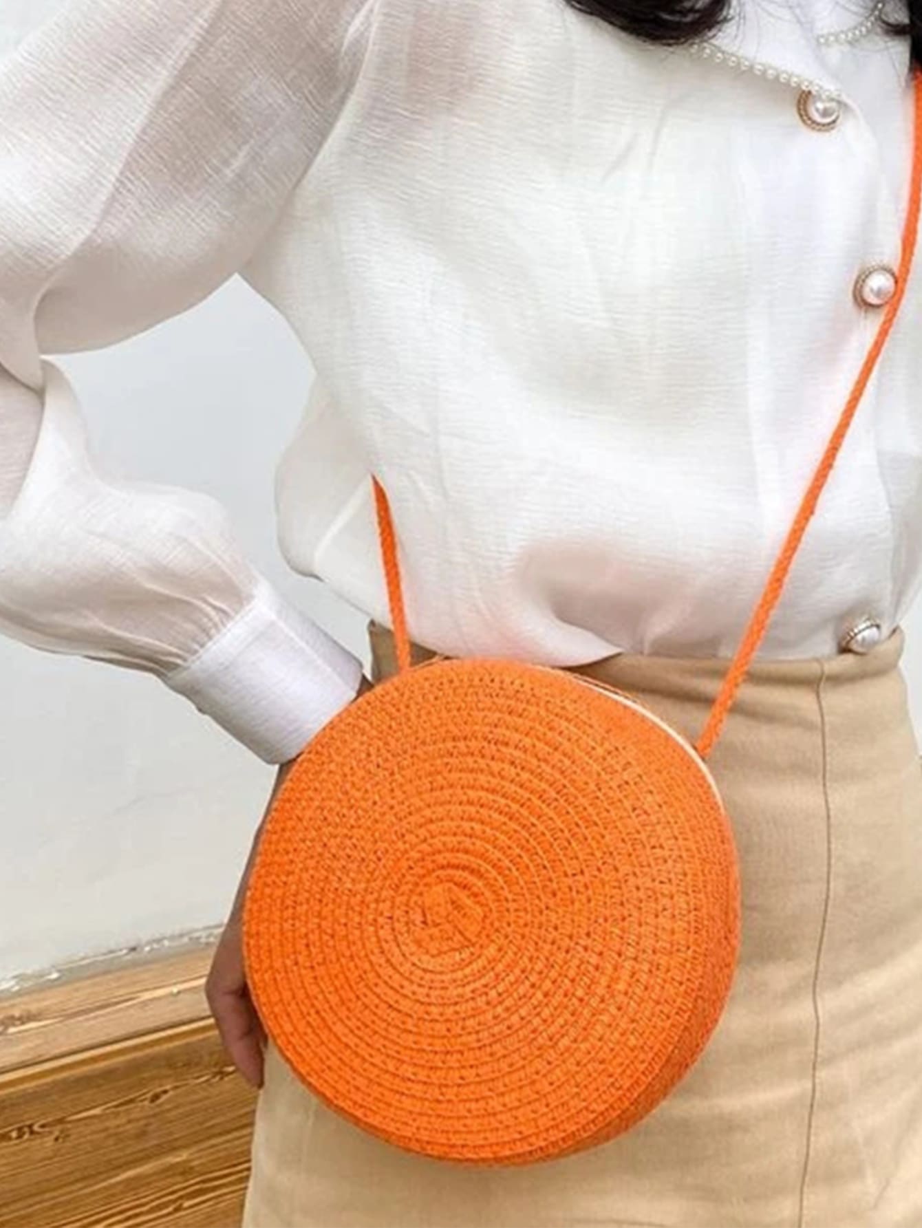 Mini Neon Red Crossbody Circle Shape Straw Bag