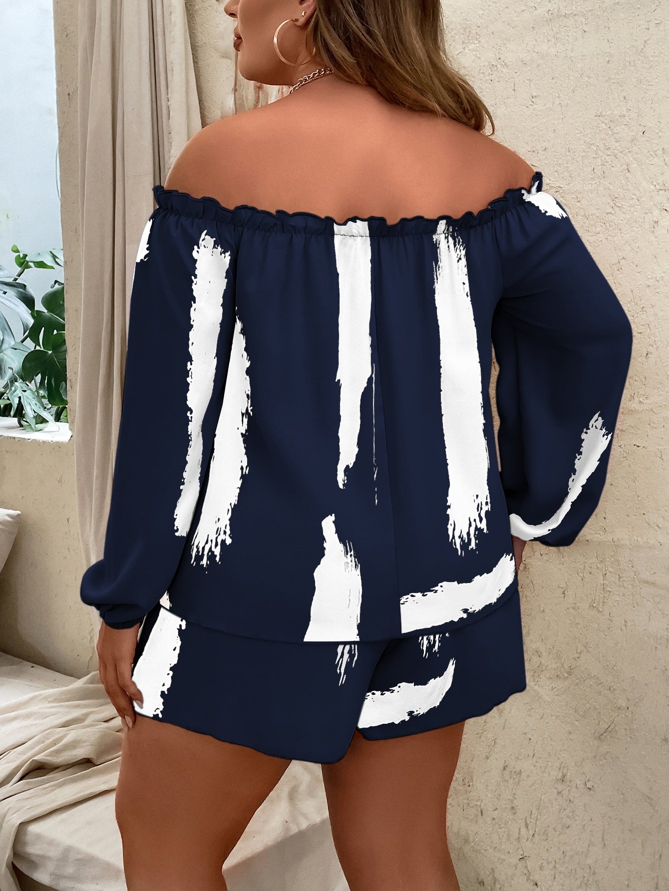 Plus Brush Print Off Shoulder Lantern Sleeve Top Shorts
