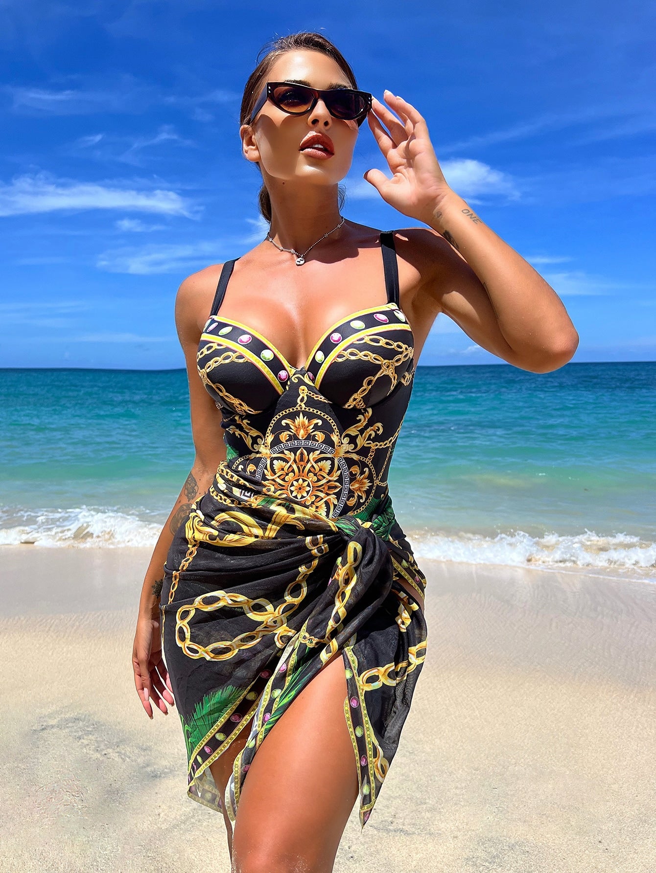Chain Print Push Up One Piece Swimsuit With Beach Skirt