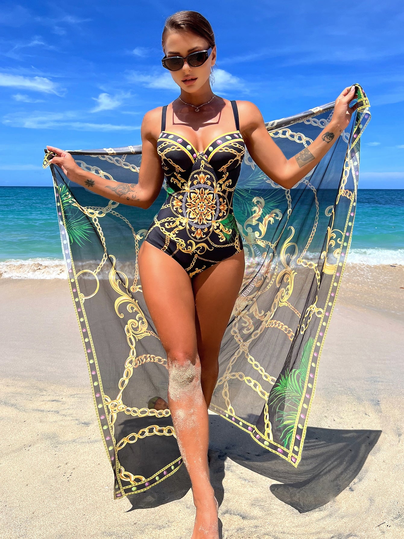 Chain Print Push Up One Piece Swimsuit With Beach Skirt