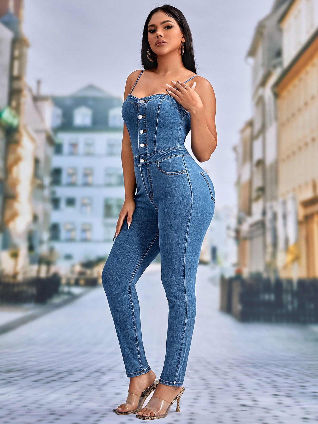 Button Front Cami Denim Jumpsuit